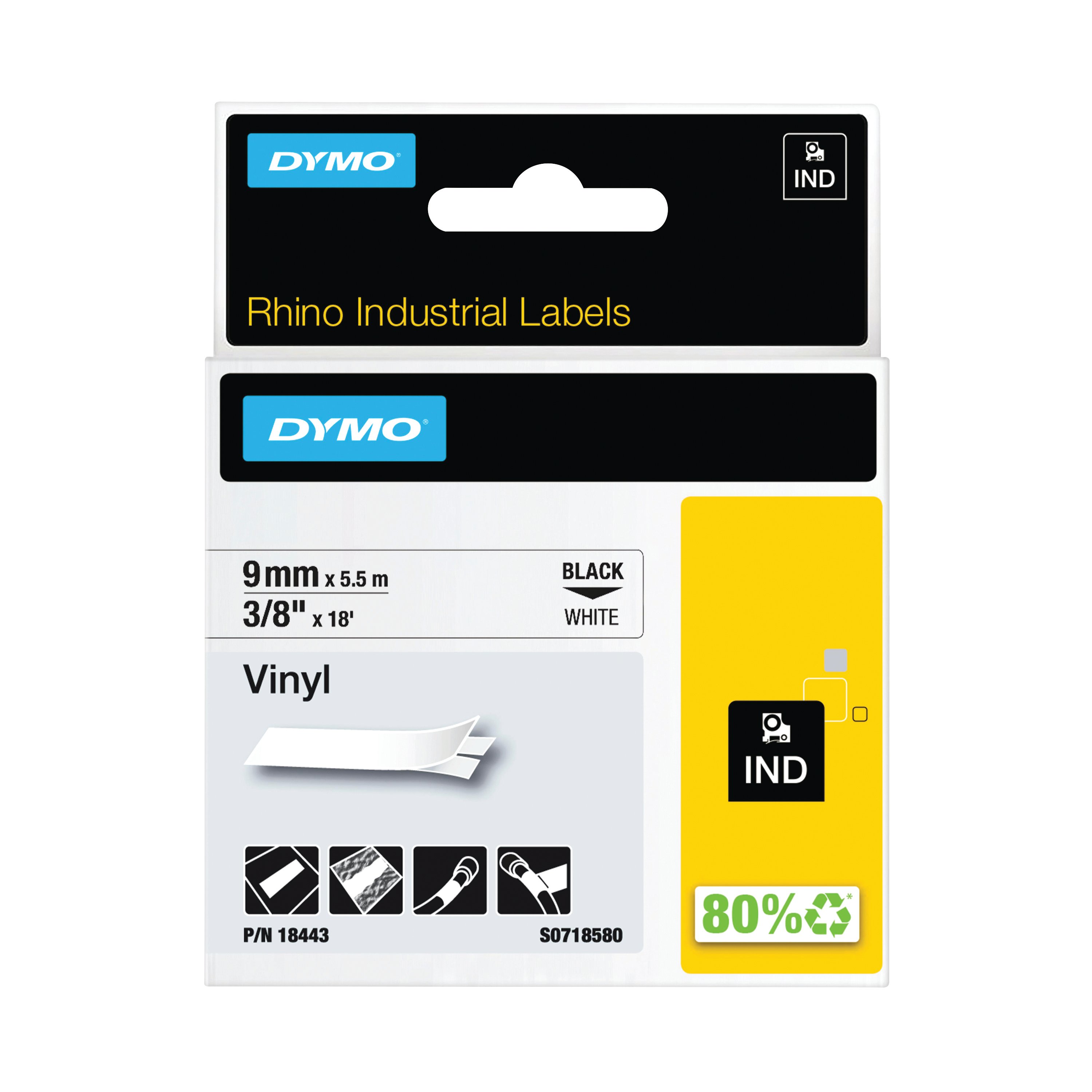 Image of Dymo 18443 Rhino Label Printer Tape 9mmx5.5m Black on White S0718580