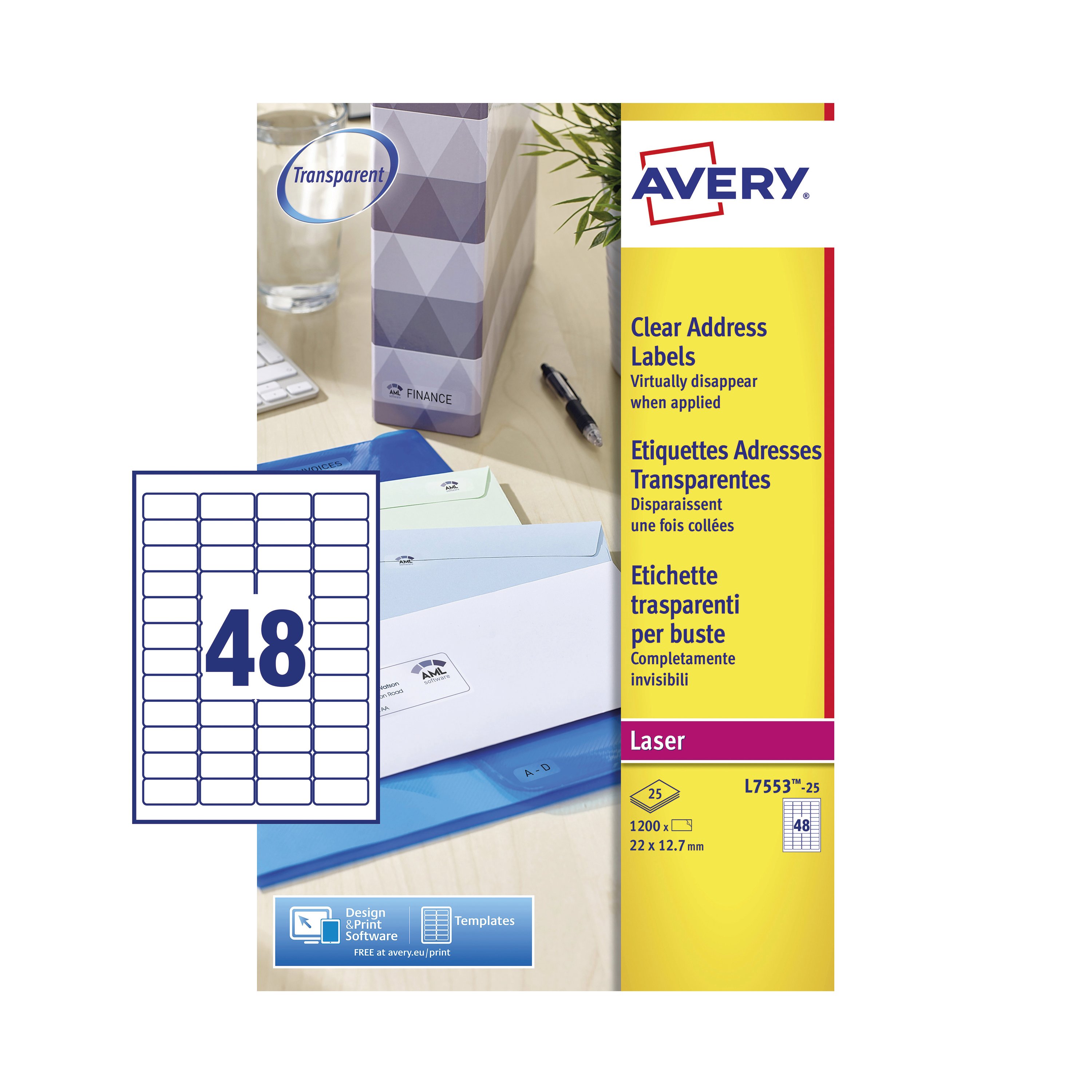 Avery Laser Mini Labels 22x12mm 48 Per Sheet Clear (Pack of 1200) L7553-25