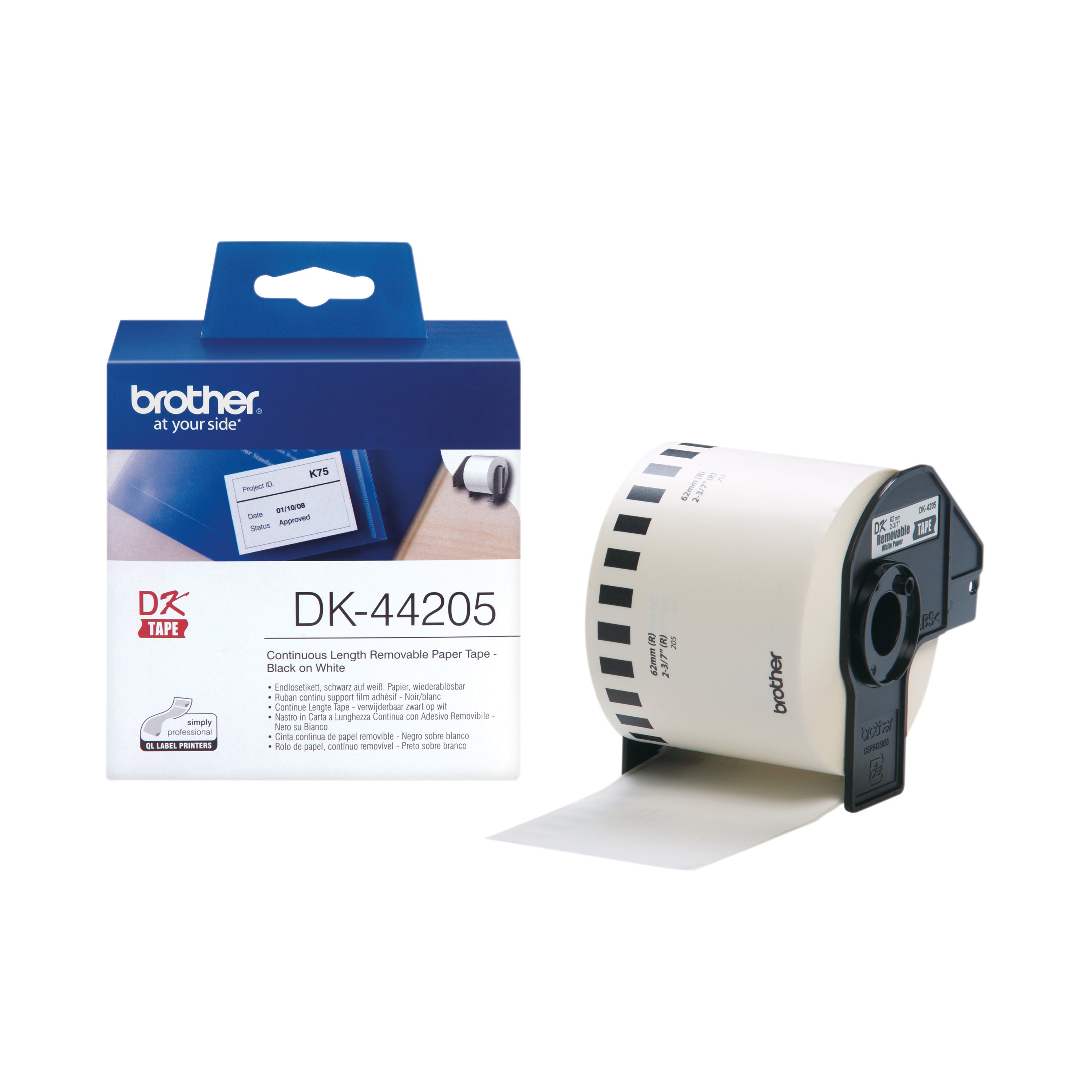 Image of Brother Continuous Paper Label Roll with Removable Adhesive 62mm x 30.48m Black on White DK44205