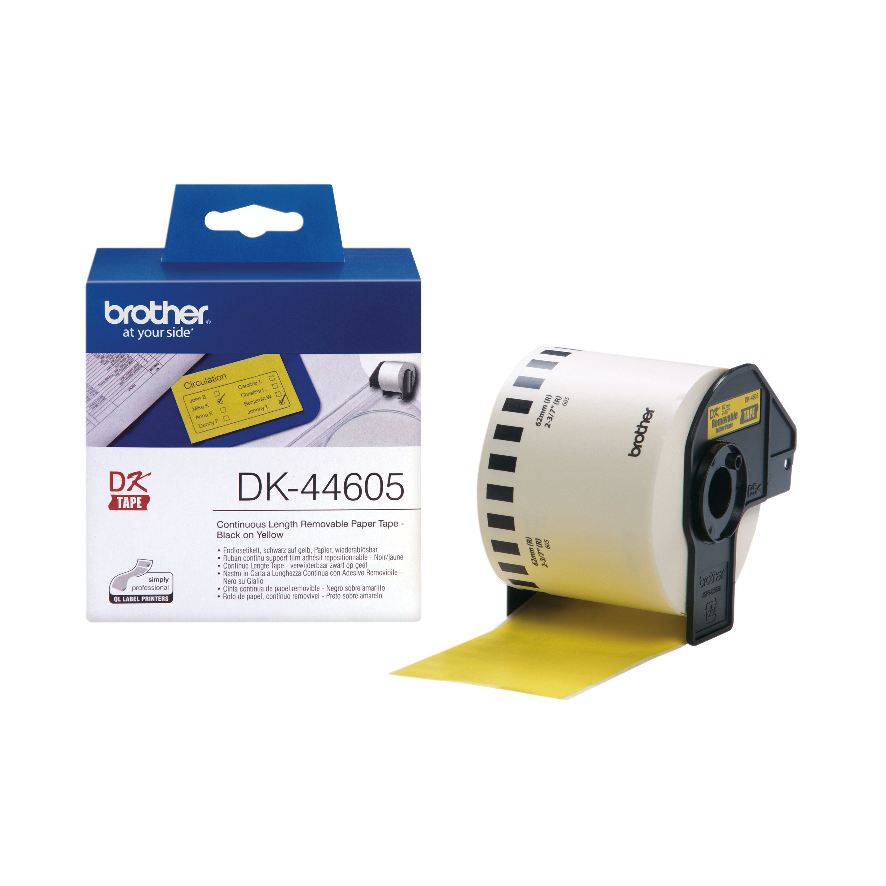 Image of Brother Continuous Paper Label Roll with Removable Adhesive 62mm x 30.48m Black on Yellow DK44605