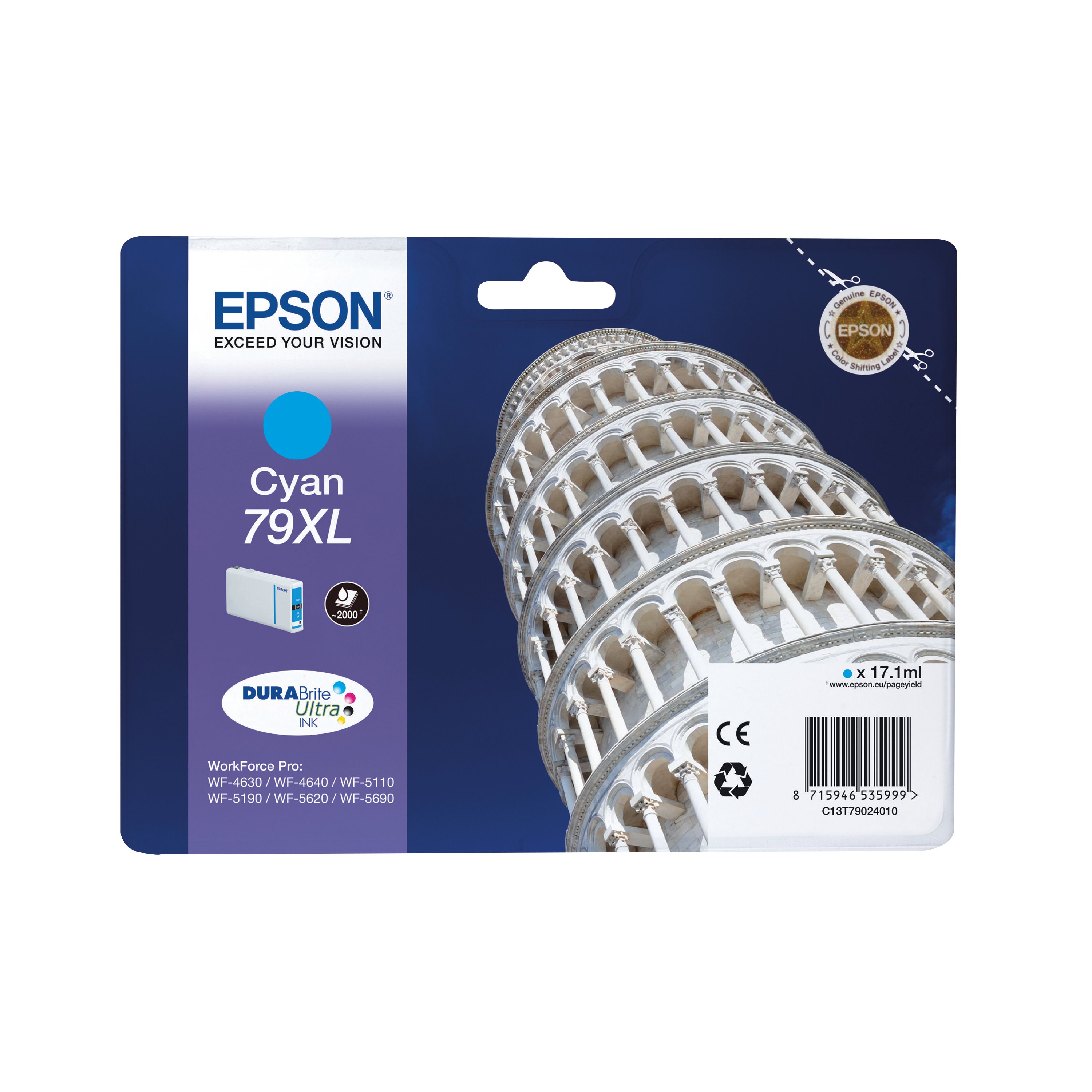 Image of Epson 79XL Tower of Pisa DURABrite Ultra Ink Cartridge High Yield Cyan C13T79024010