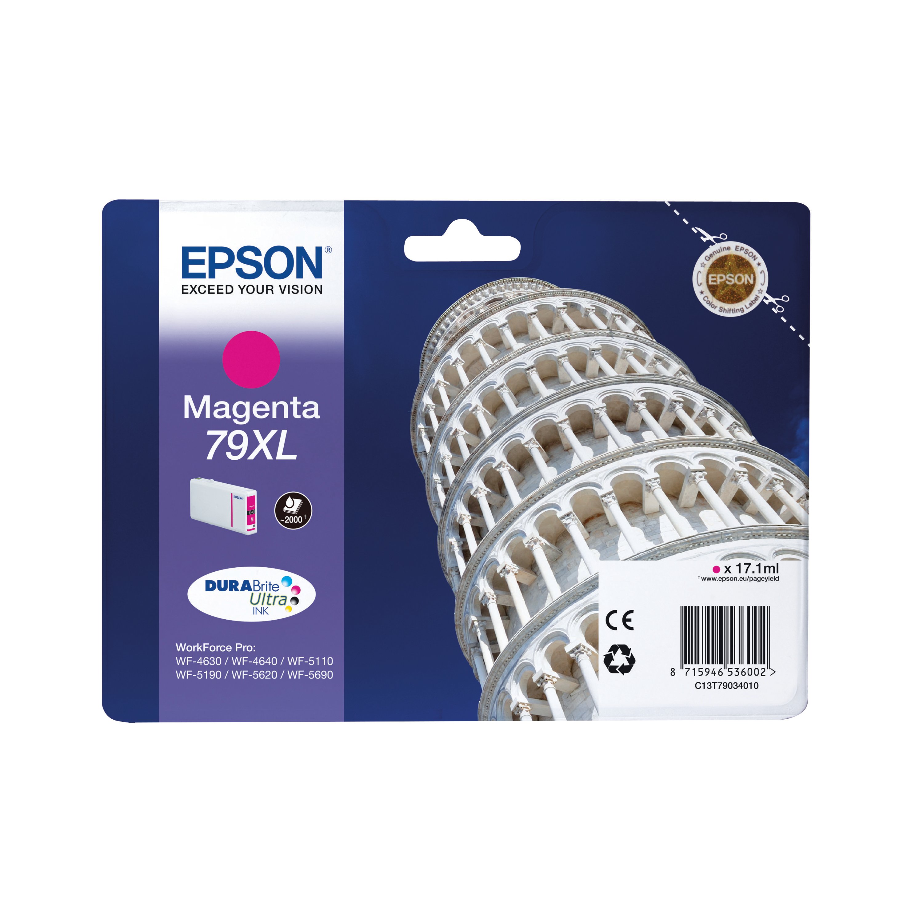 Image of Epson 79XL Tower of Pisa DURABrite Ultra Ink Cartridge High Yield Magenta C13T79034010