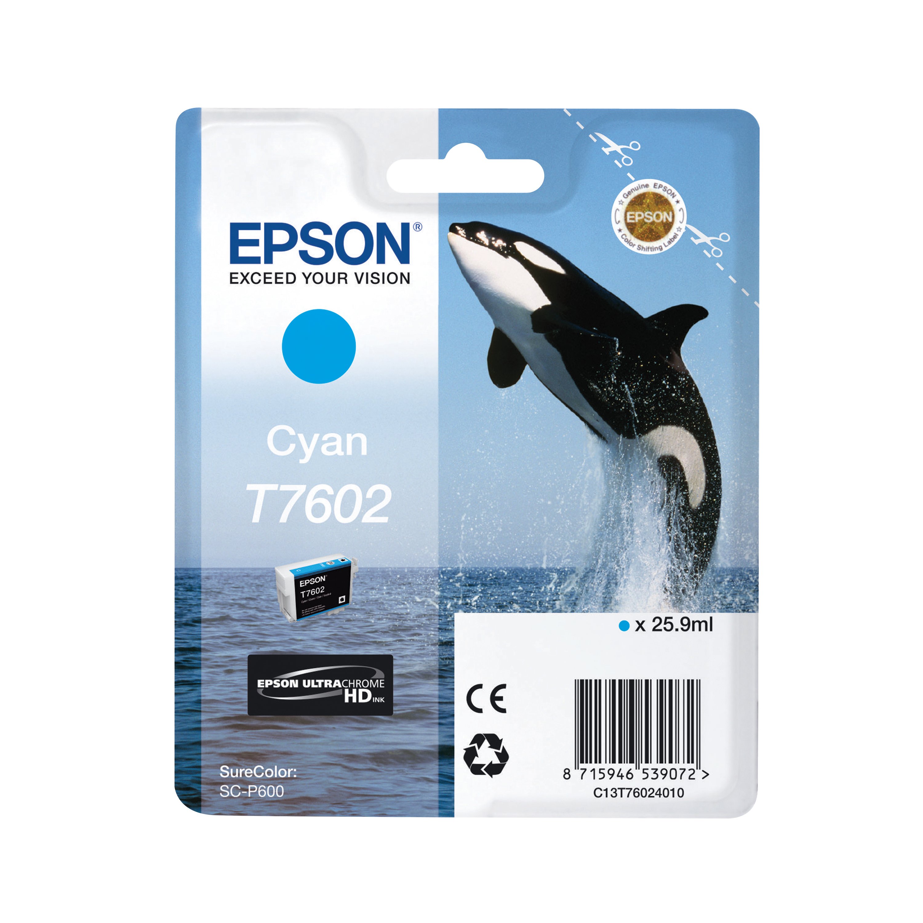 Image of Epson T7602 Killer Whale UltraChrome HD Ink Cartridge Cyan C13T76024010