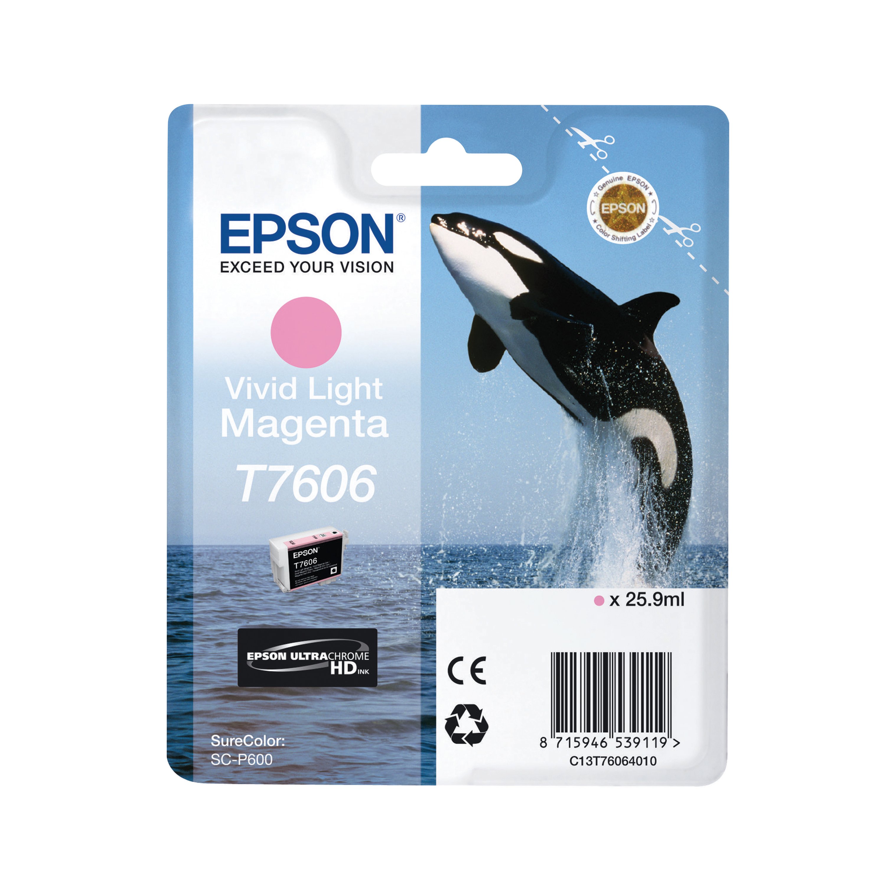 Image of Epson T7606 Killer Whale UltraChrome HD Ink Cartridge Vivid Light Magenta C13T76064010