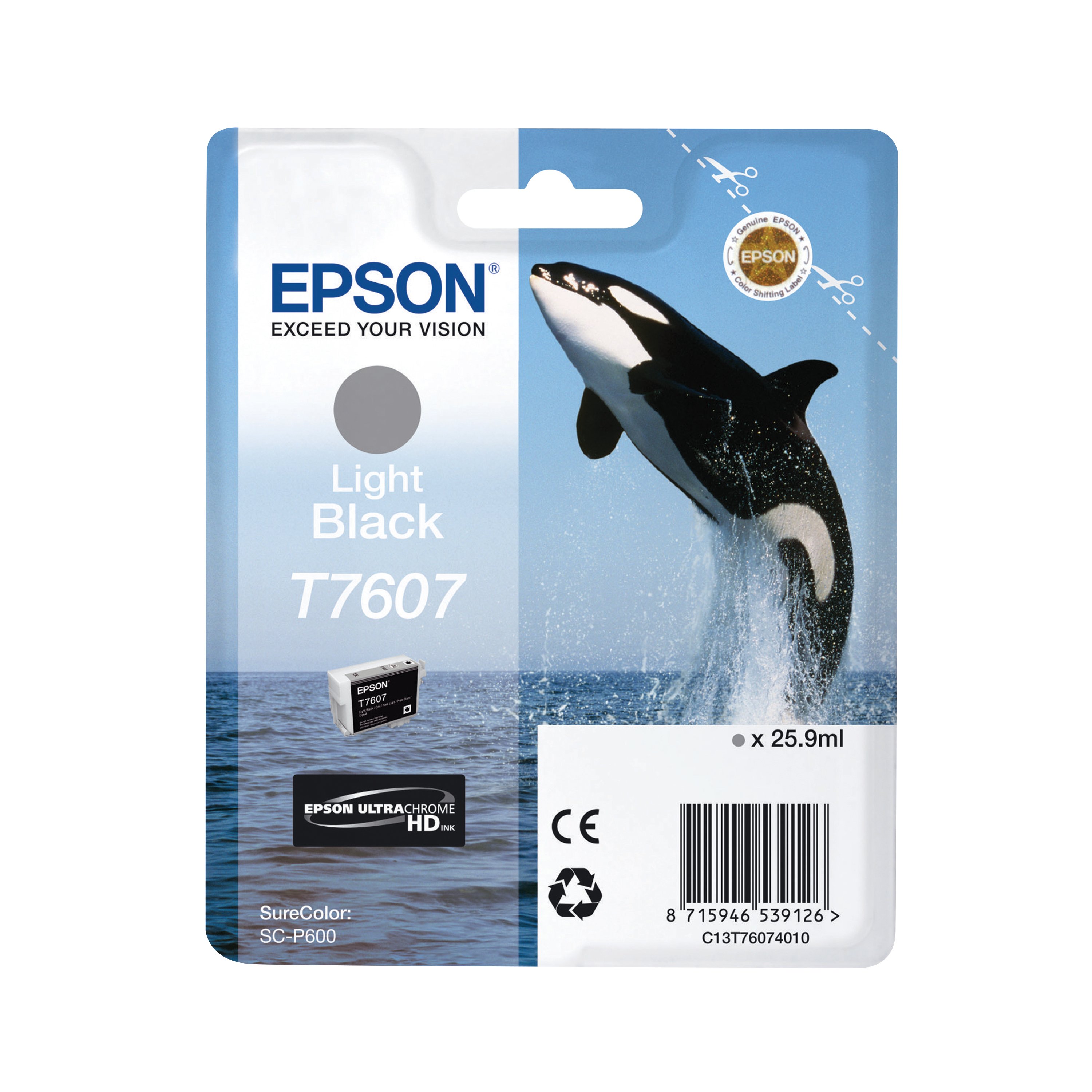 Image of Epson T7607 Killer Whale UltraChrome HD Ink Cartridge Light Black C13T76074010