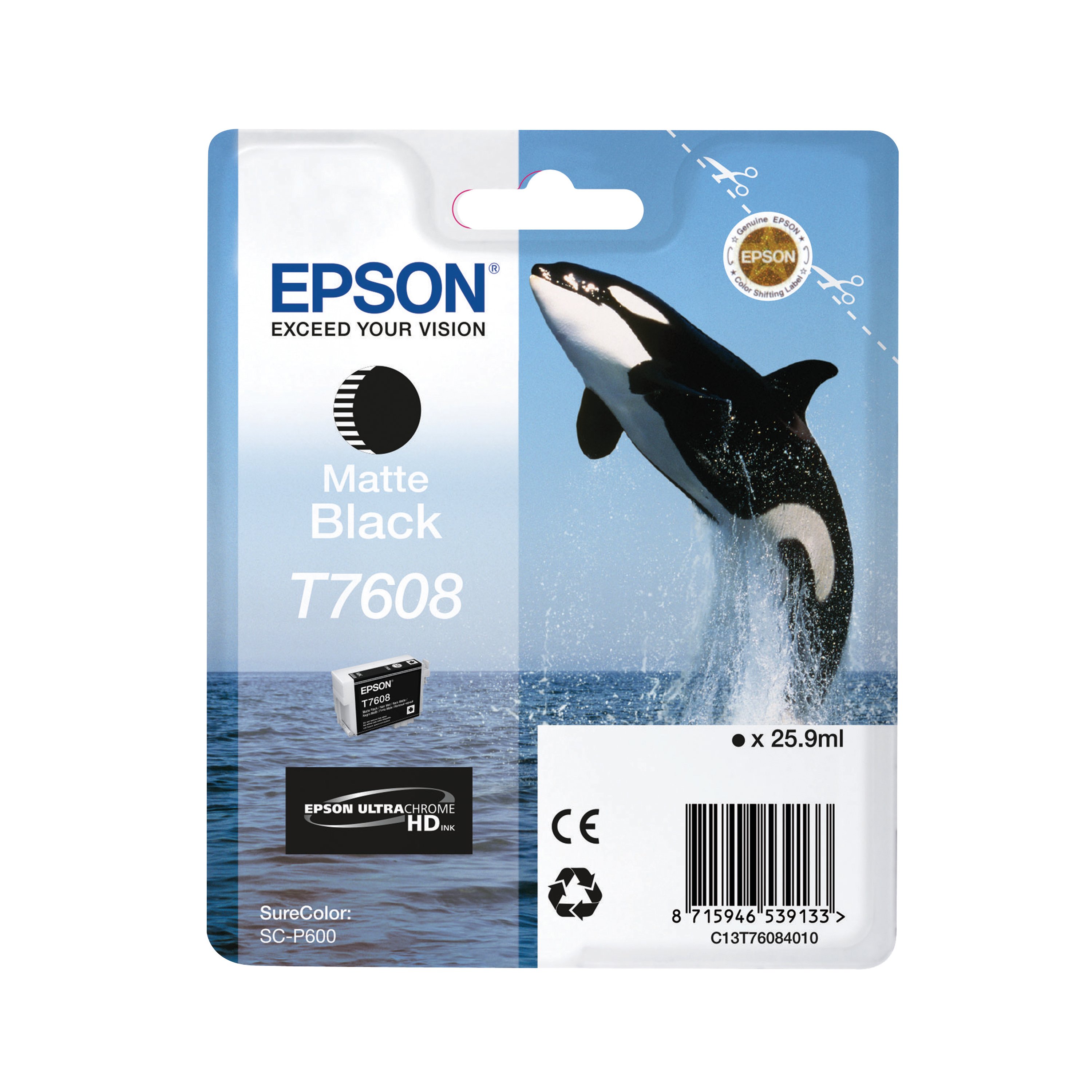 Image of Epson T7608 Killer Whale UltraChrome HD Ink Cartridge Matte Black C13T76084010