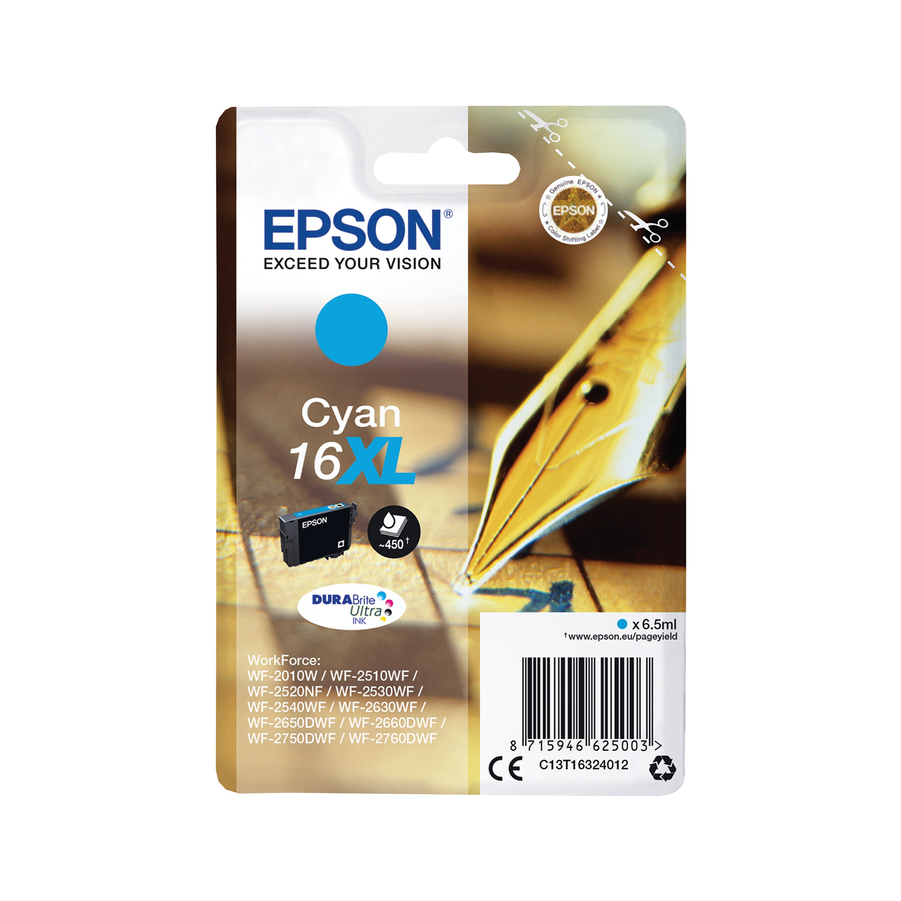 Image of Epson 16XL Pen and Crossword DURABrite Ultra Ink Cartridge High Yield Cyan C13T16324012