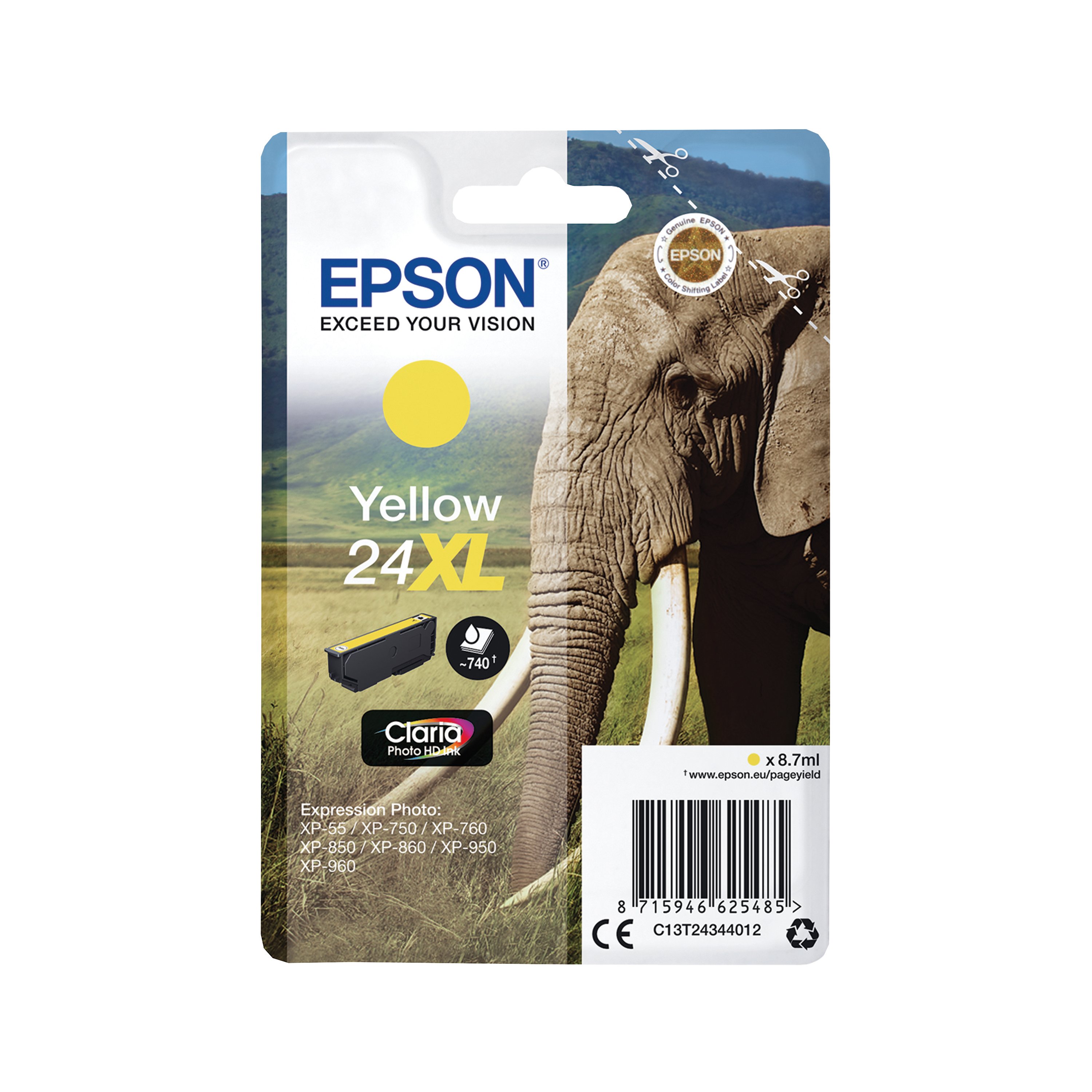 Image of Epson 24XL Elephant Claria Photo HD Ink Cartridge High Yield Yellow C13T24344012