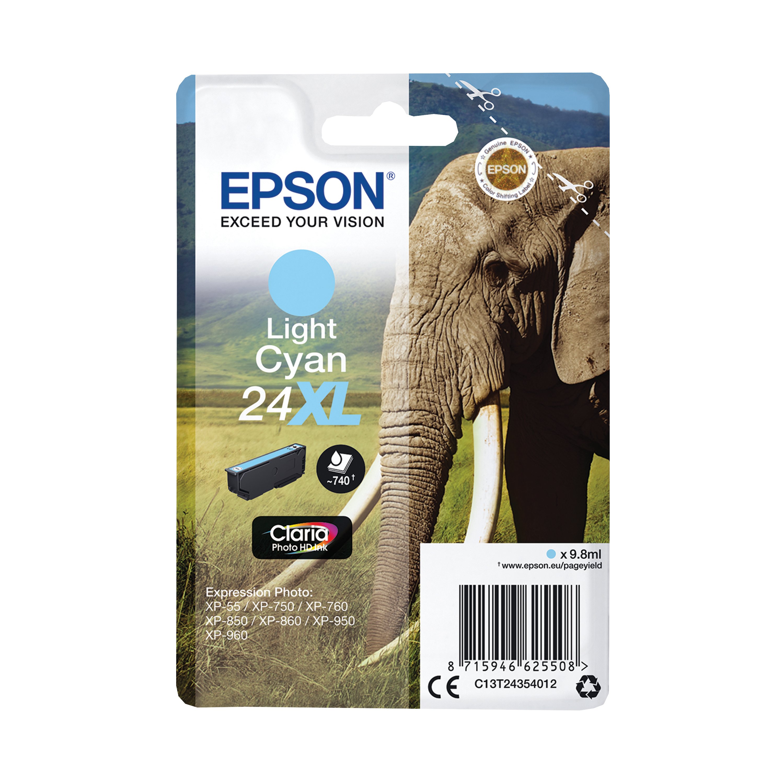 Image of Epson 24XL Elephant Claria Photo HD Ink Cartridge High Yield Light Cyan C13T24354012