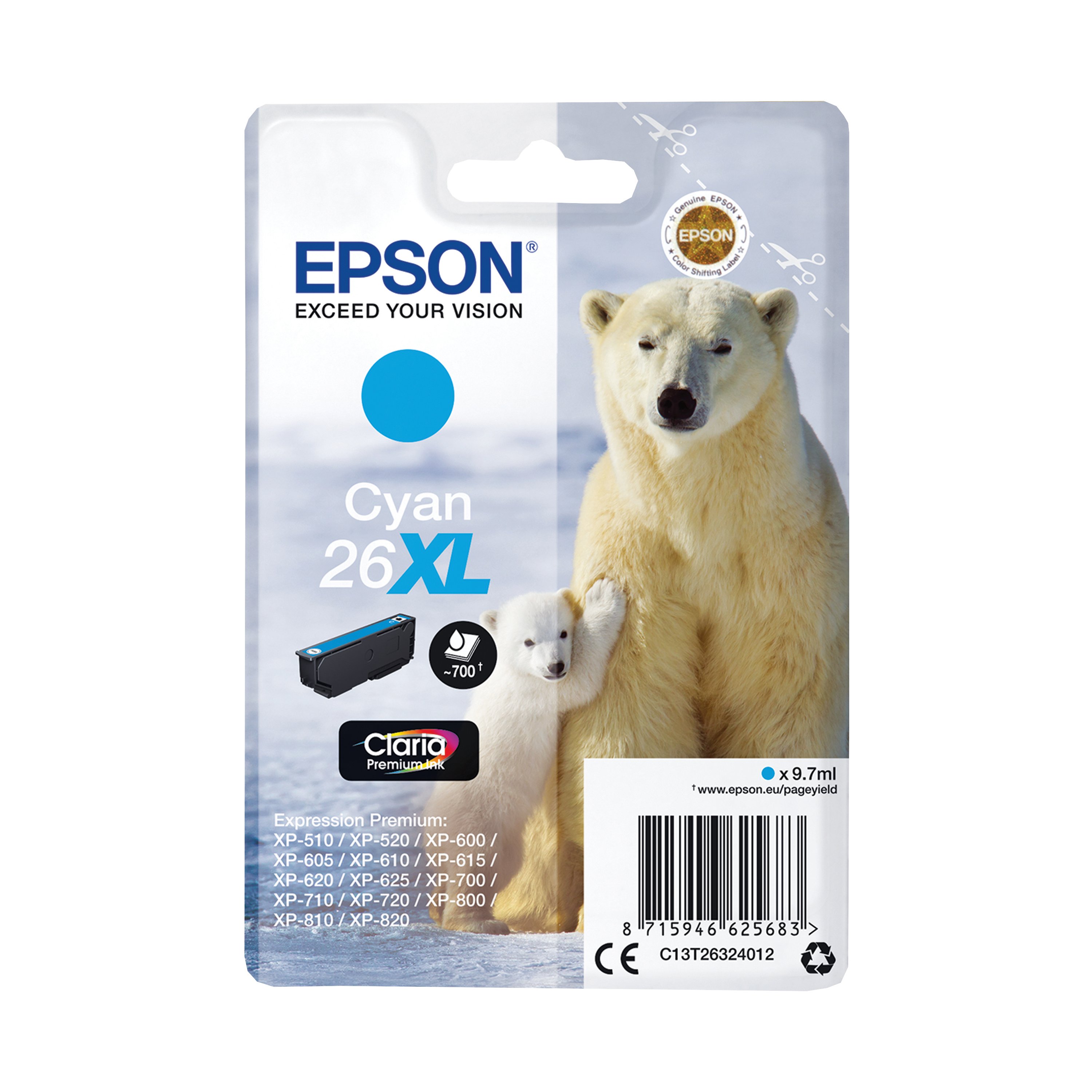 Image of Epson 26XL Polar Bear Ink Cartridge High Yield Cyan C13T26324012