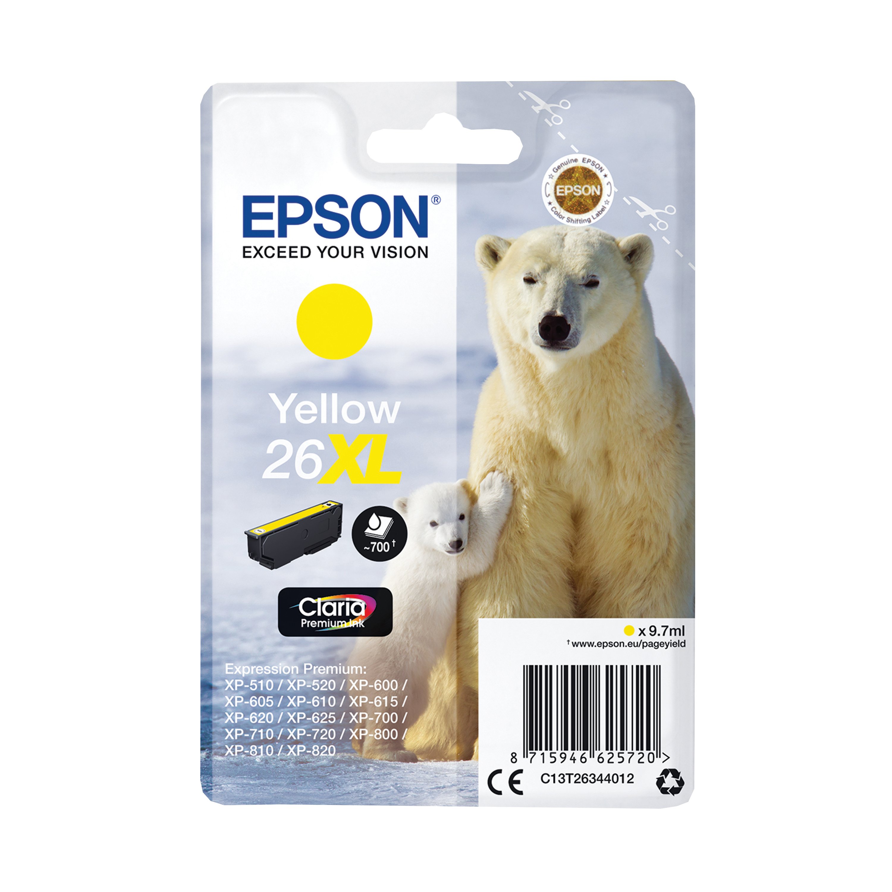 Image of Epson 26XL Polar Bear Ink Cartridge High Yield Yellow C13T26344012