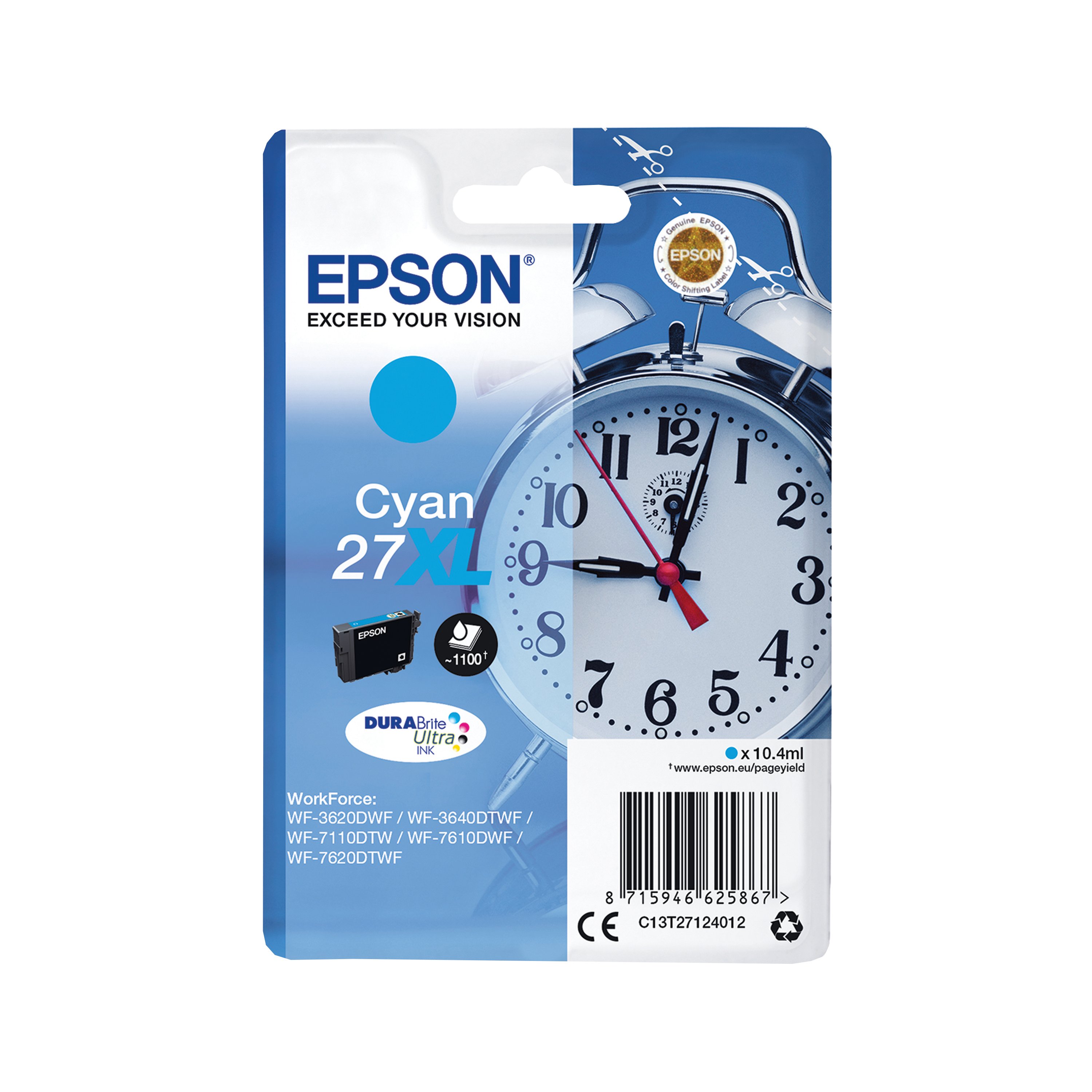 Image of Epson 27XL Alarm Clock DURABrite Ultra Ink Cartridge High Yield Cyan C13T27124012