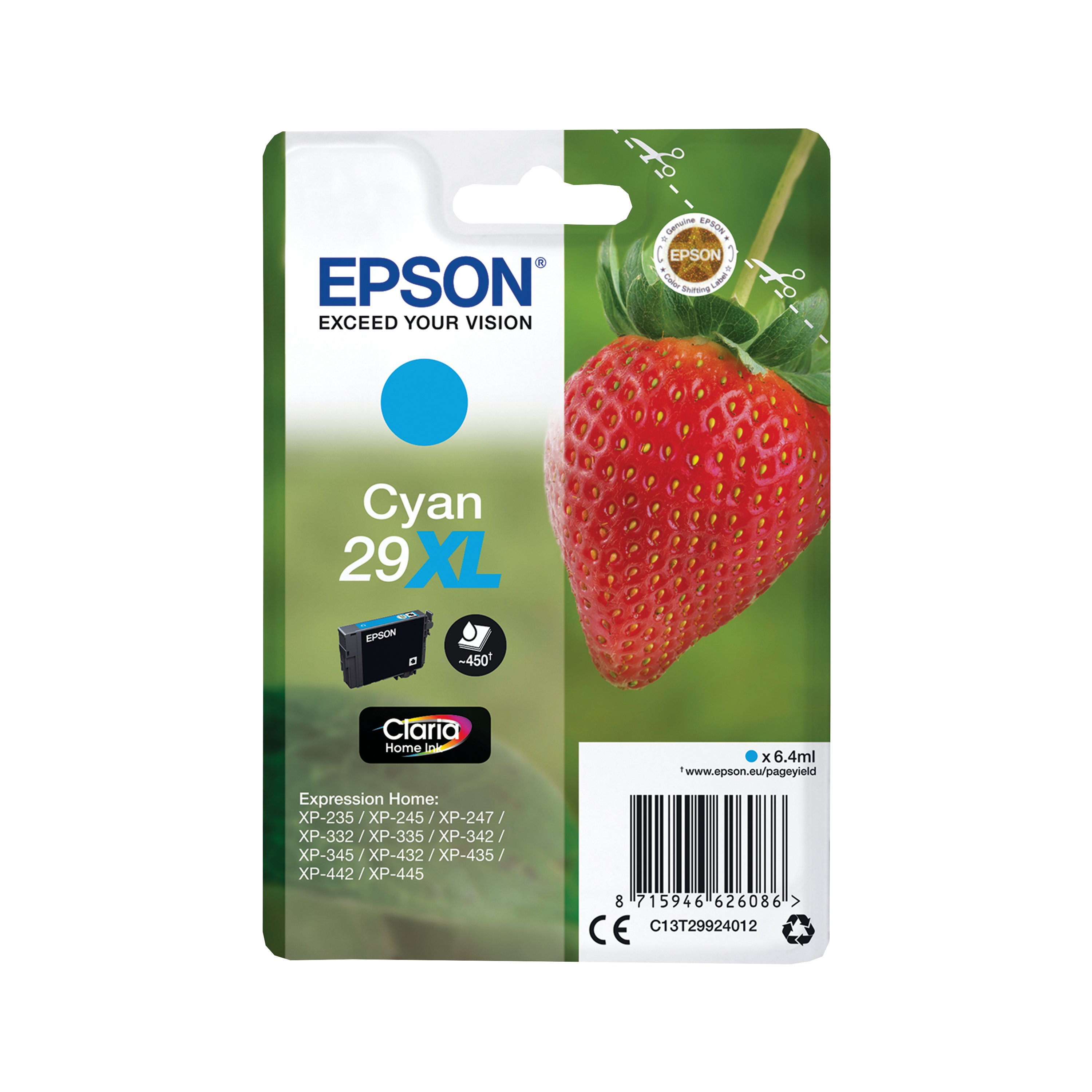 Image of Epson 29XL Strawberry Claria Home Ink Cartridge High Yield Cyan C13T29924012