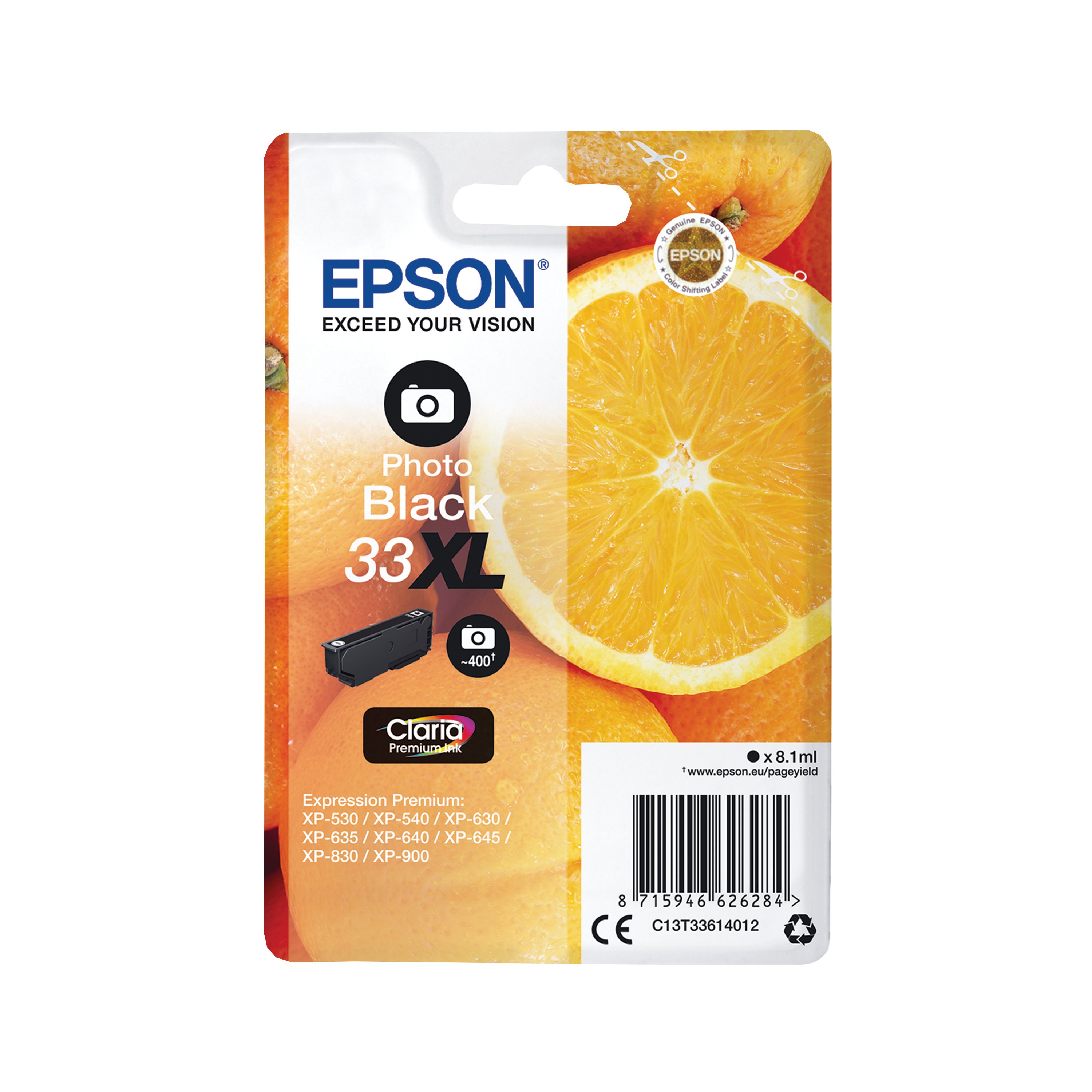 Image of Epson 33XL Oranges Ink Cartridge High Yield Photo Black C13T33614012