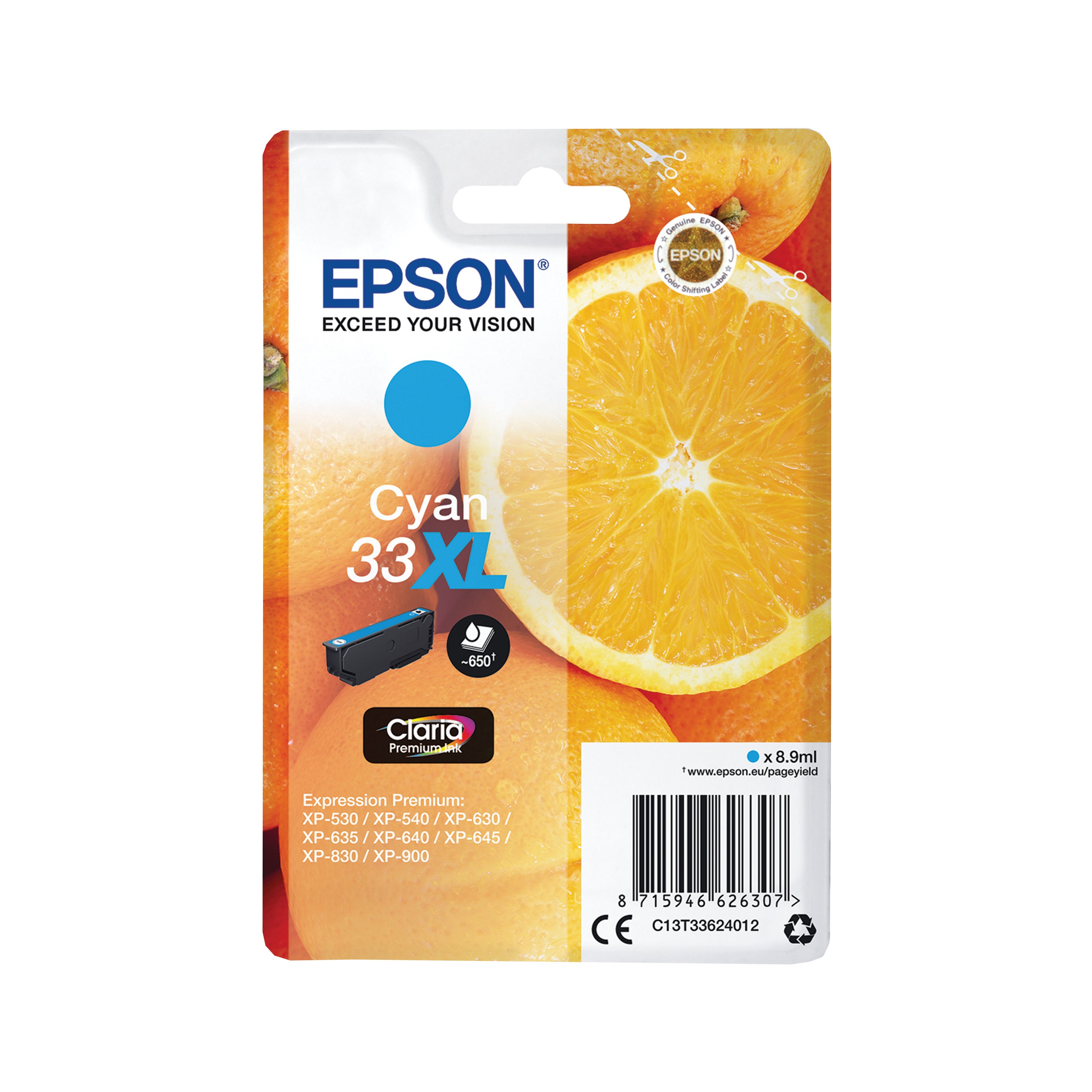 Image of Epson 33XL Oranges Ink Cartridge High Yield Cyan C13T33624012