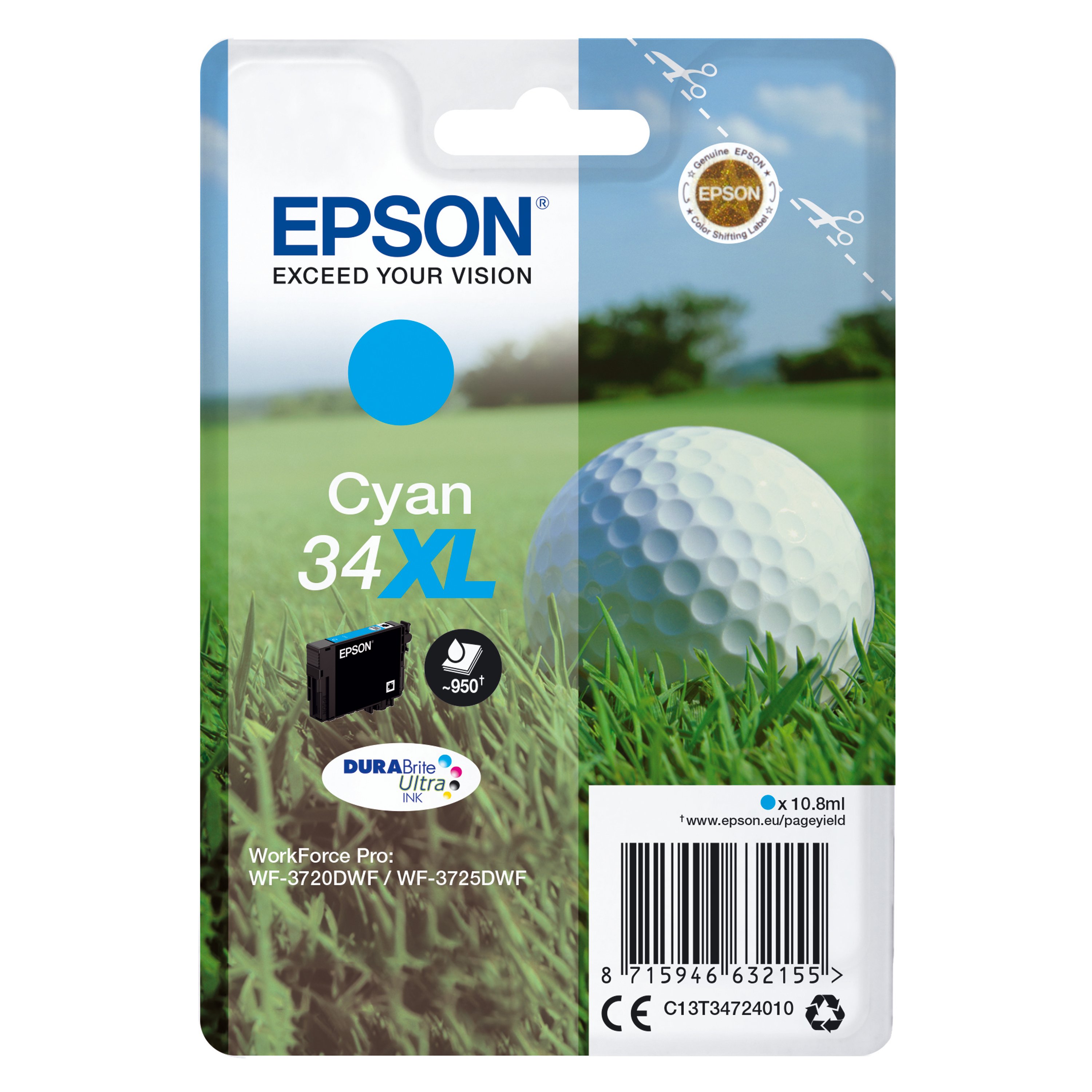 Image of Epson 34XL Golf Ball DURABrite Ultra Ink Cartridge High Yield Cyan C13T34724010