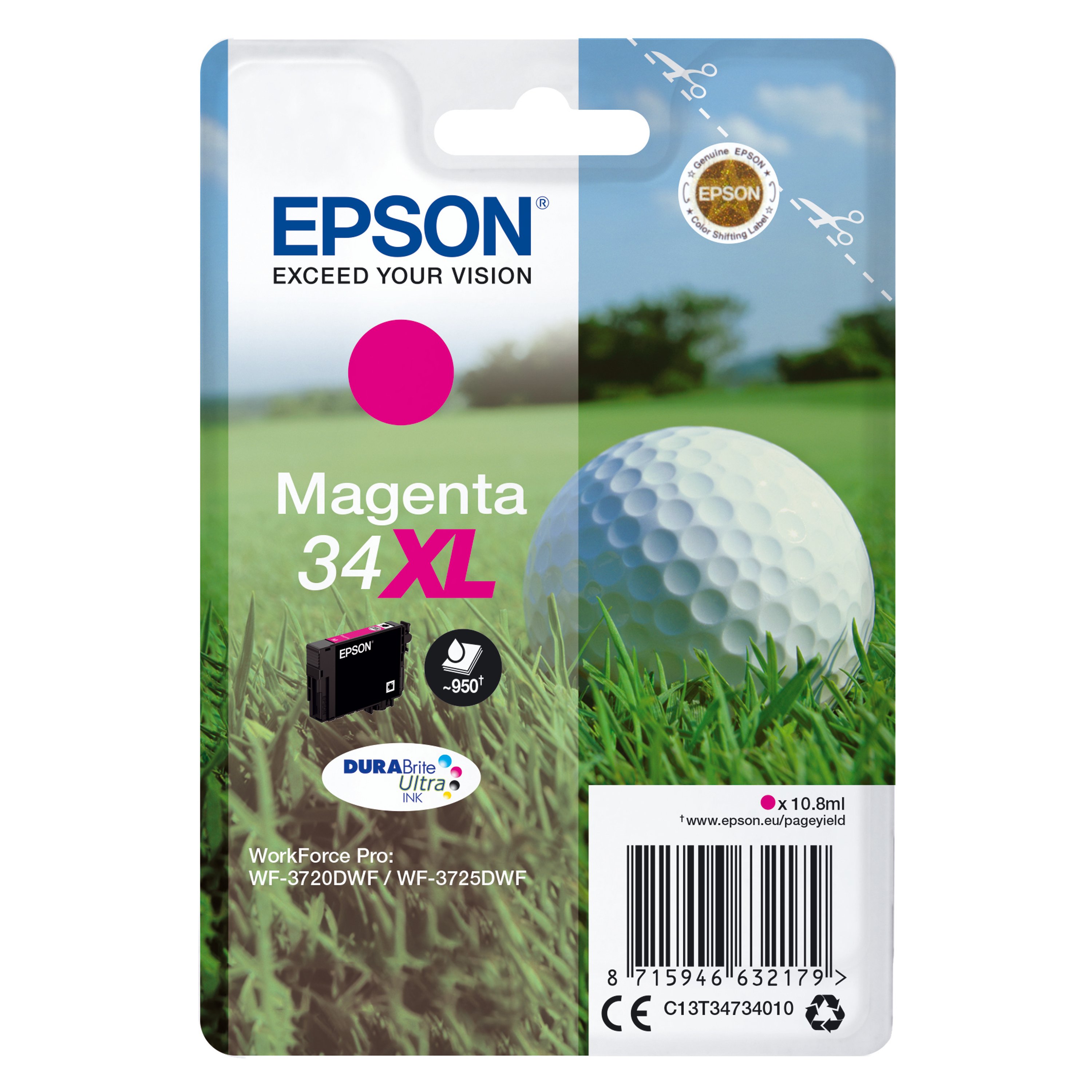 Image of Epson 34XL Golf Ball DURABrite Ultra Ink Cartridge High Yield Magenta C13T34734010