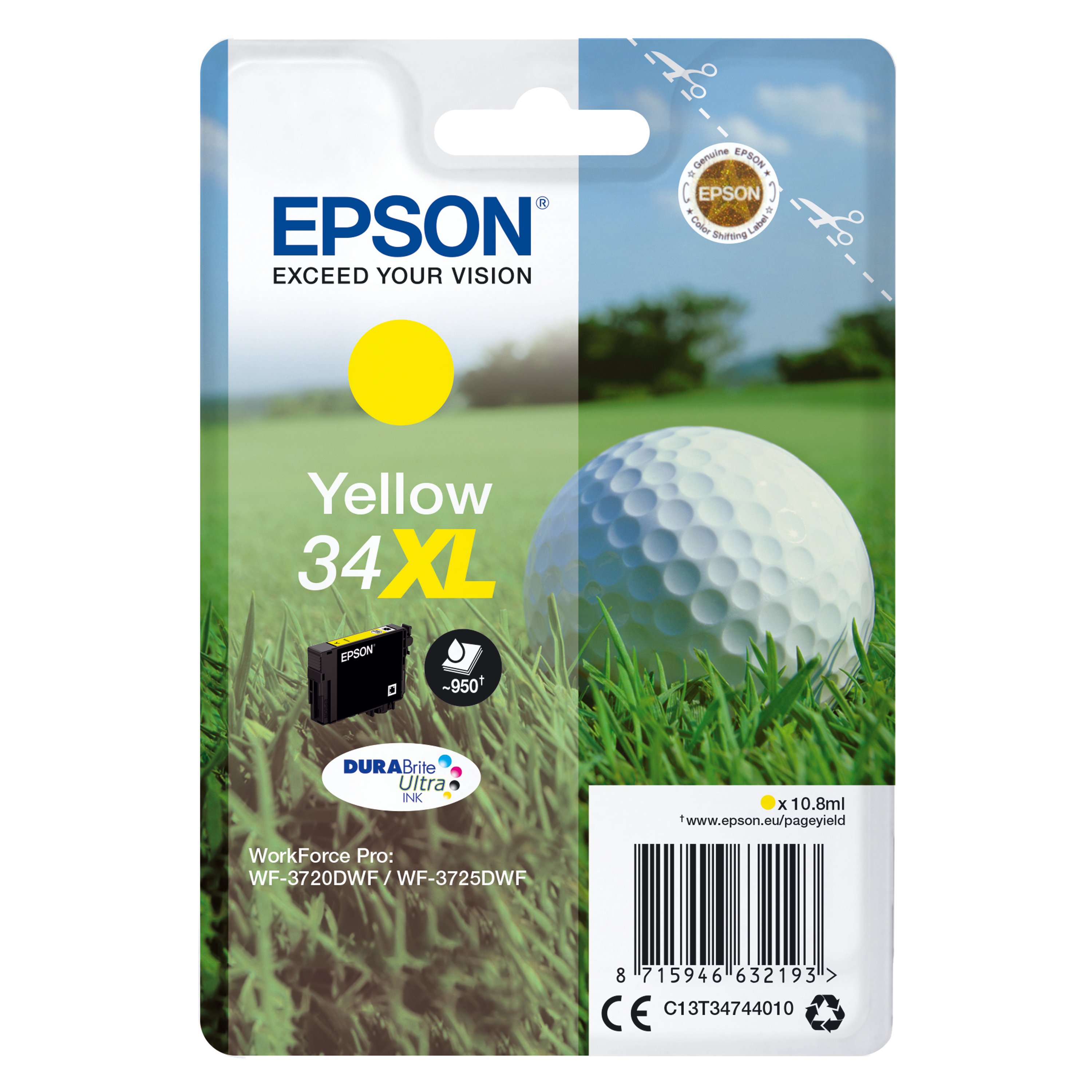 Image of Epson 34XL Golf Ball DURABrite Ultra Ink Cartridge High Yield Yellow C13T34744010