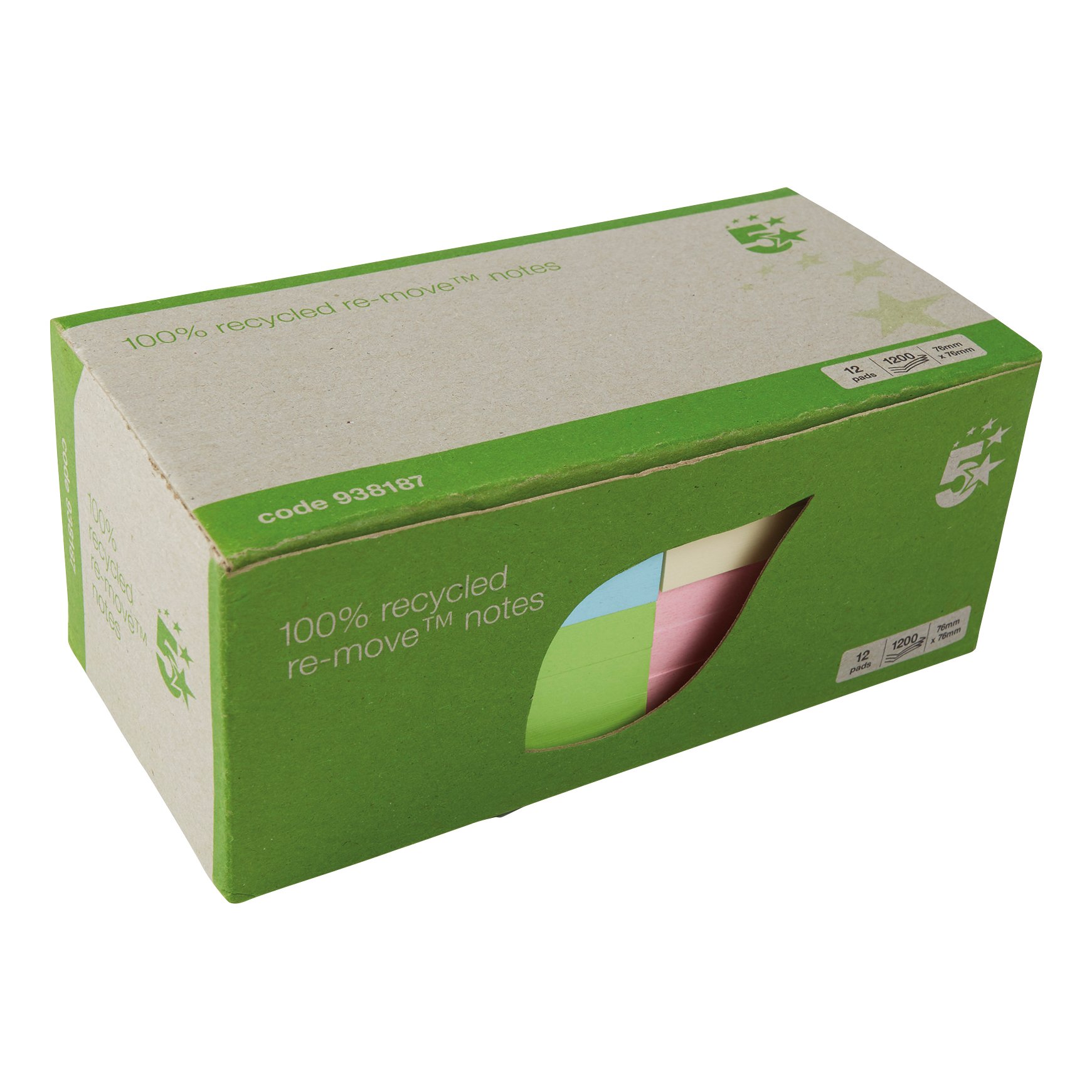 5 Star Recycled Re-Move Sticky Notes 76x76mm Pastel Pack of 12 938187