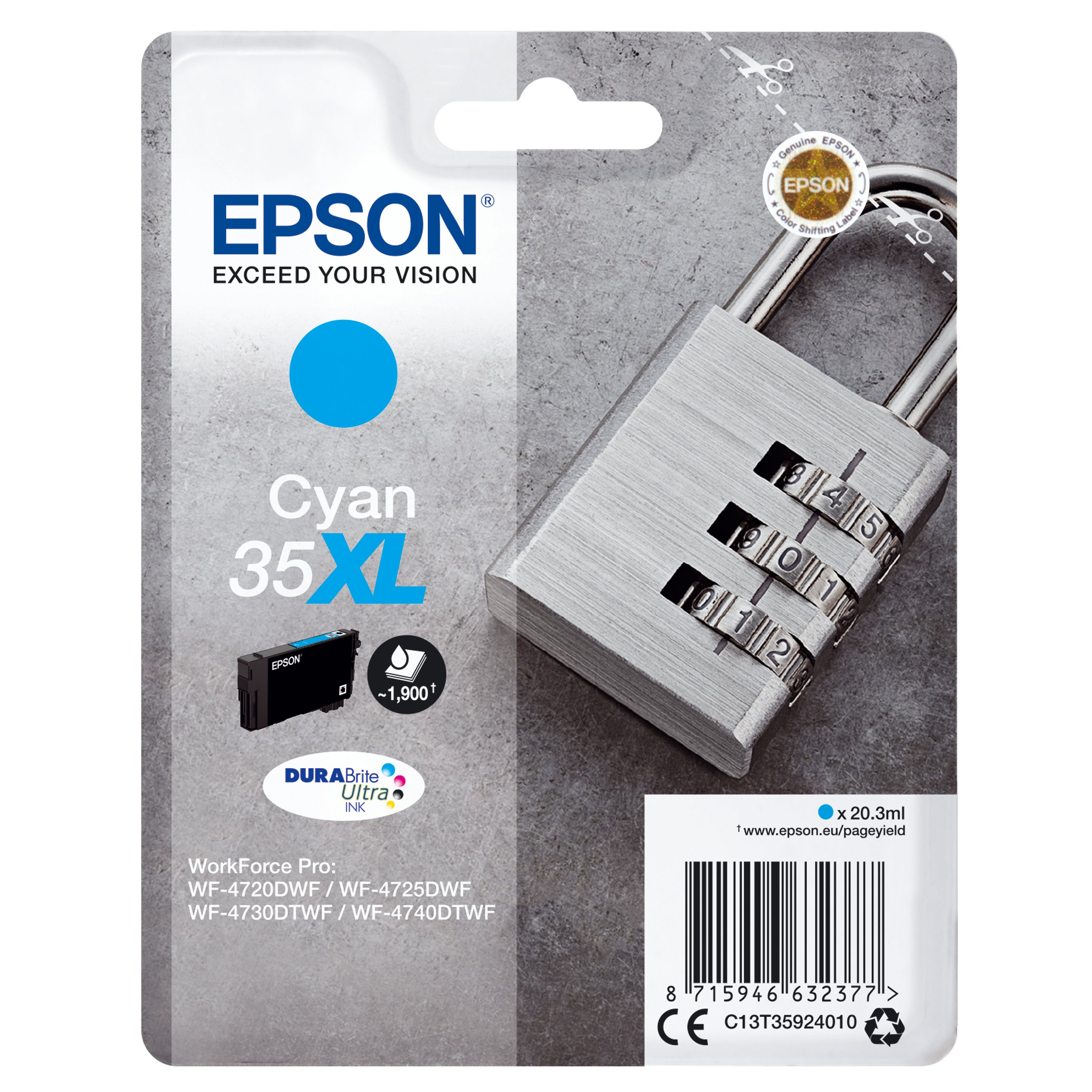 Image of Epson 35XL Padlock DURABrite Ultra Ink Cartridge High Yield Cyan C13T35924010