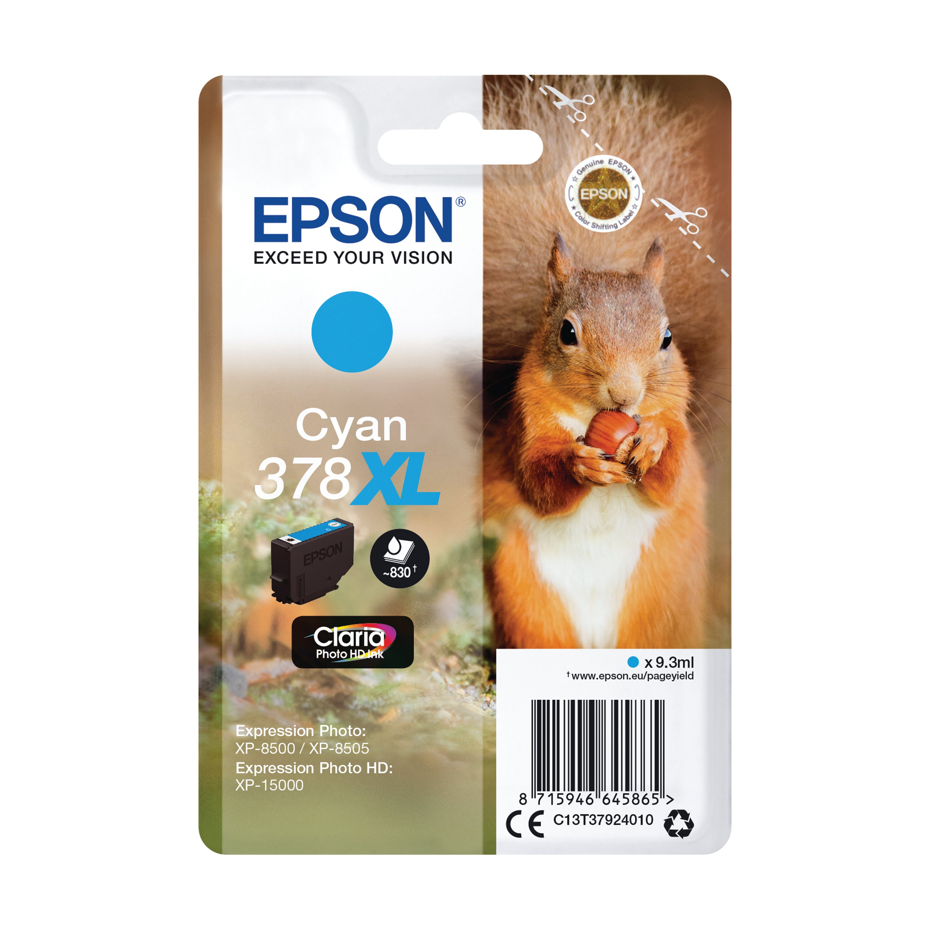 Image of Epson 378XL Squirrel Ink Cartridge High Yield Cyan C13T37924010