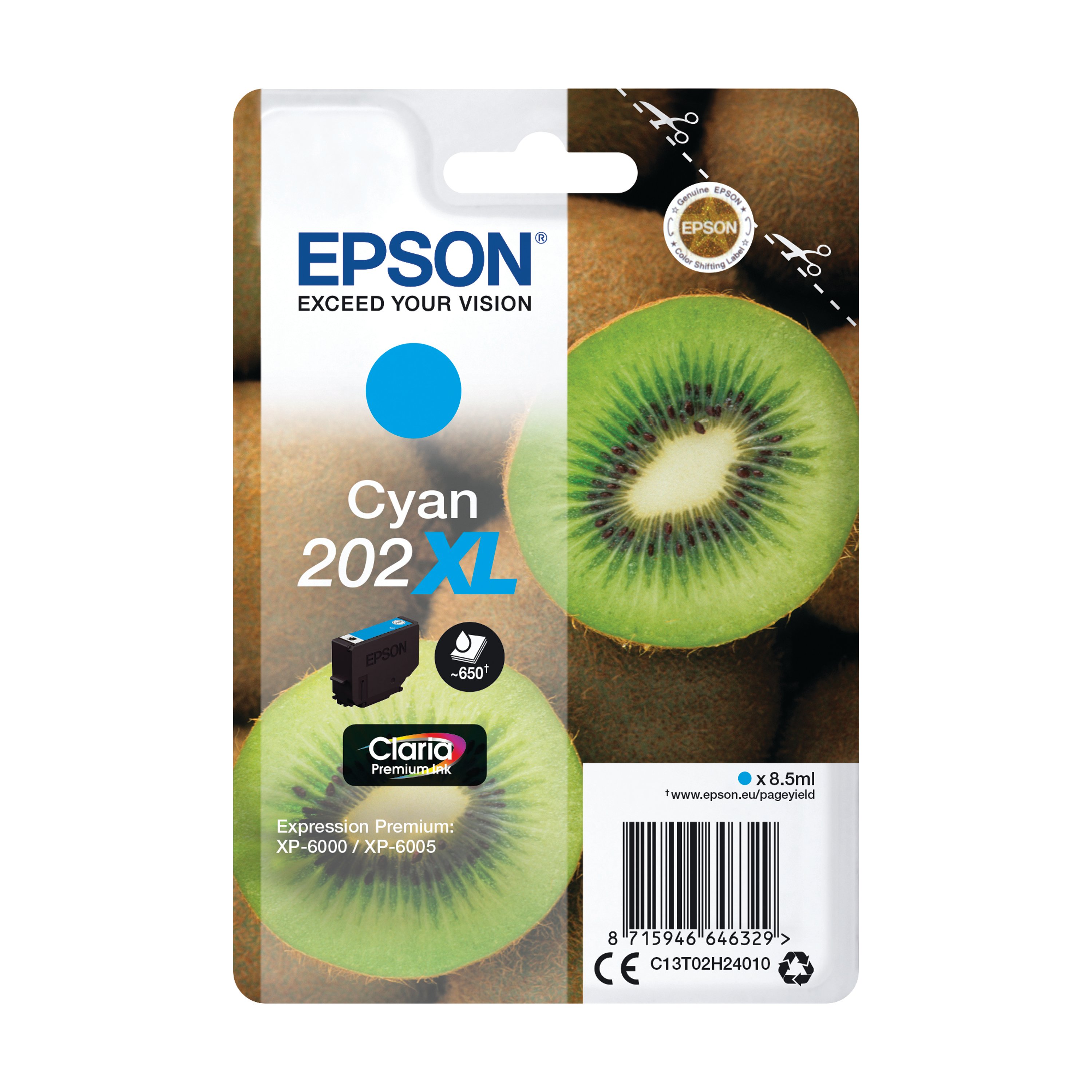 Image of Epson 202XL Kiwi Claria Premium Ink Cartridge High Yield Cyan C13T02H24010