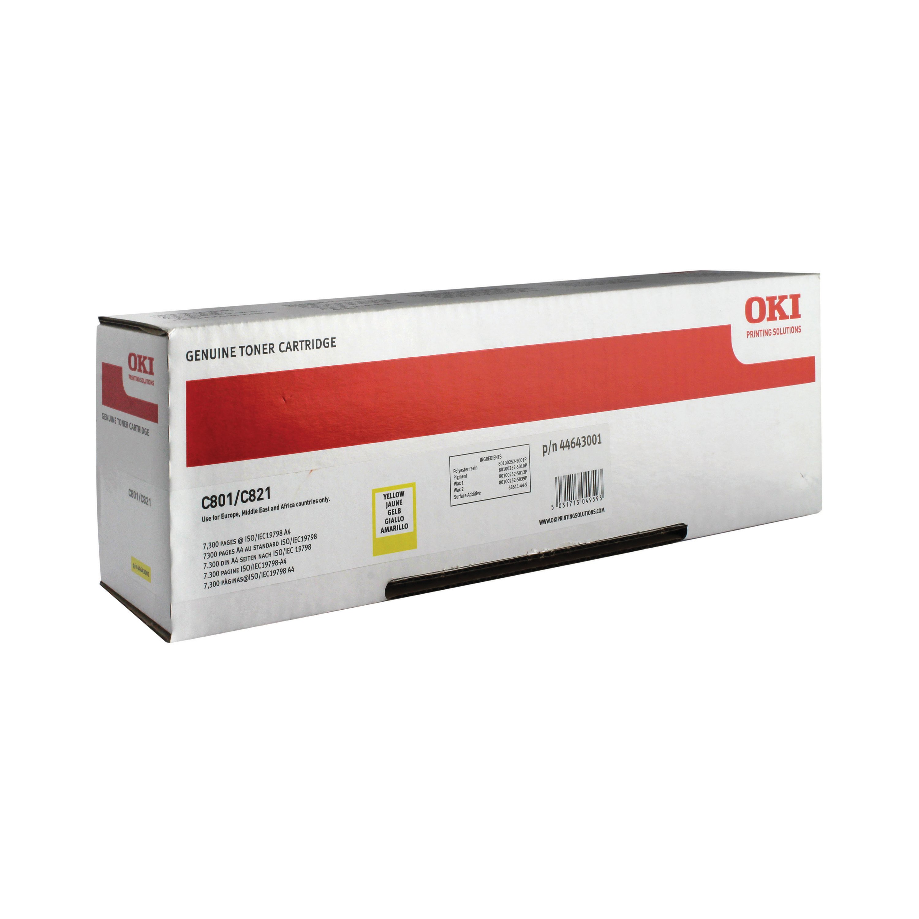 Image of Oki C801 7.3K Toner Cartridge Yellow 44643001