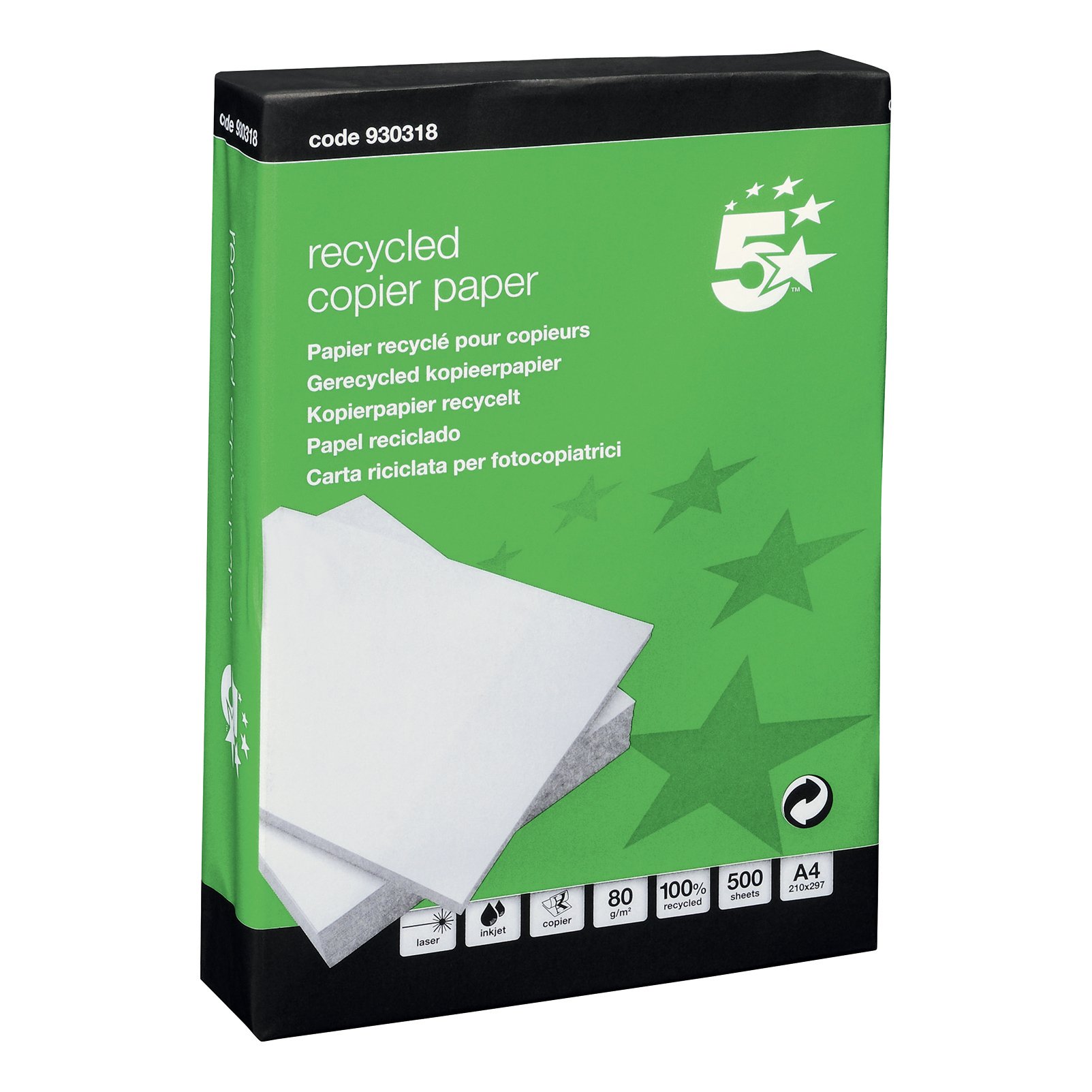 Image of 5 Star Eco Copier Paper Recycled 80gsm A4 White Ream-Wrapped (Pack of 5)