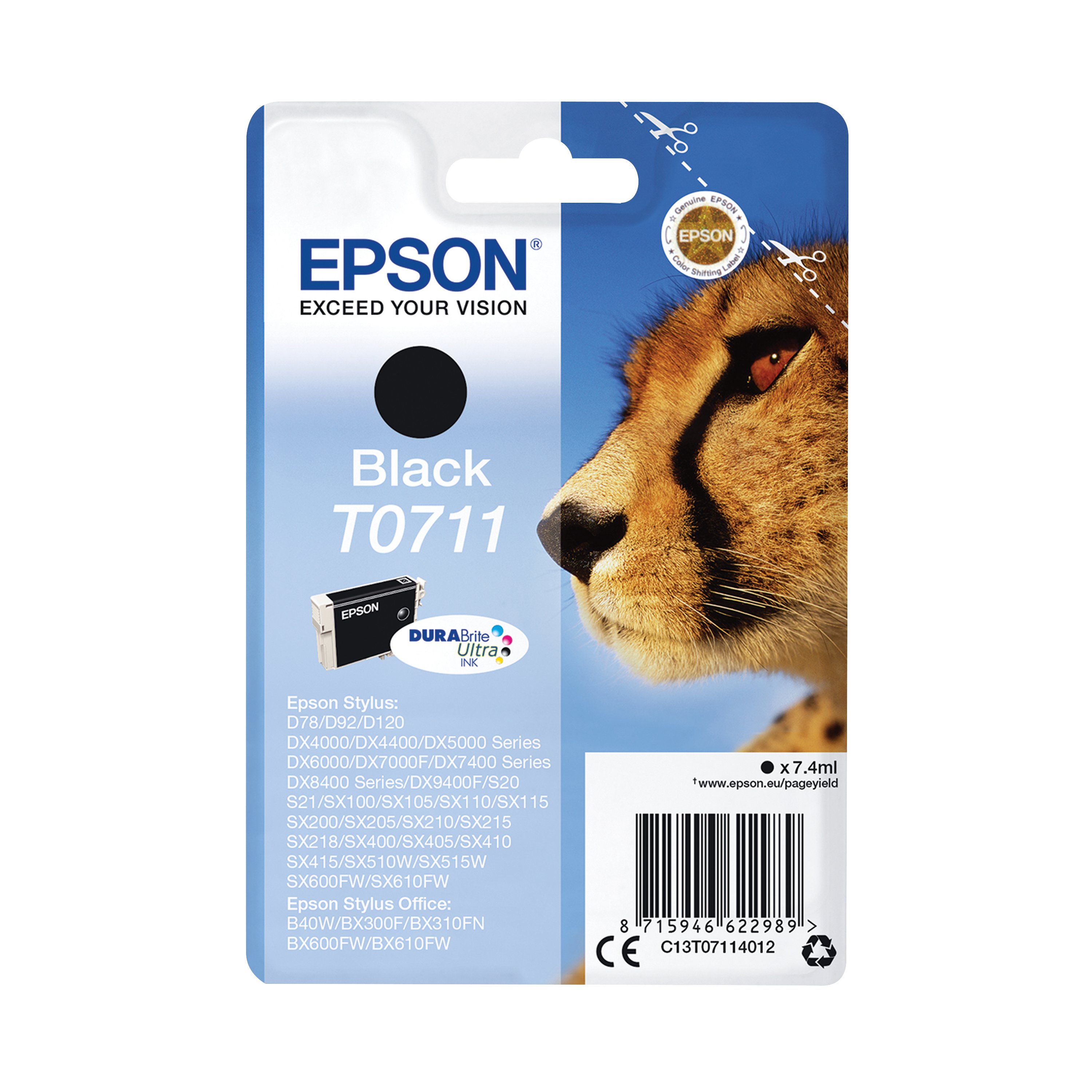 Image of Epson T0711 Cheetah DURABrite Ultra Ink Cartridge Black C13T07114012