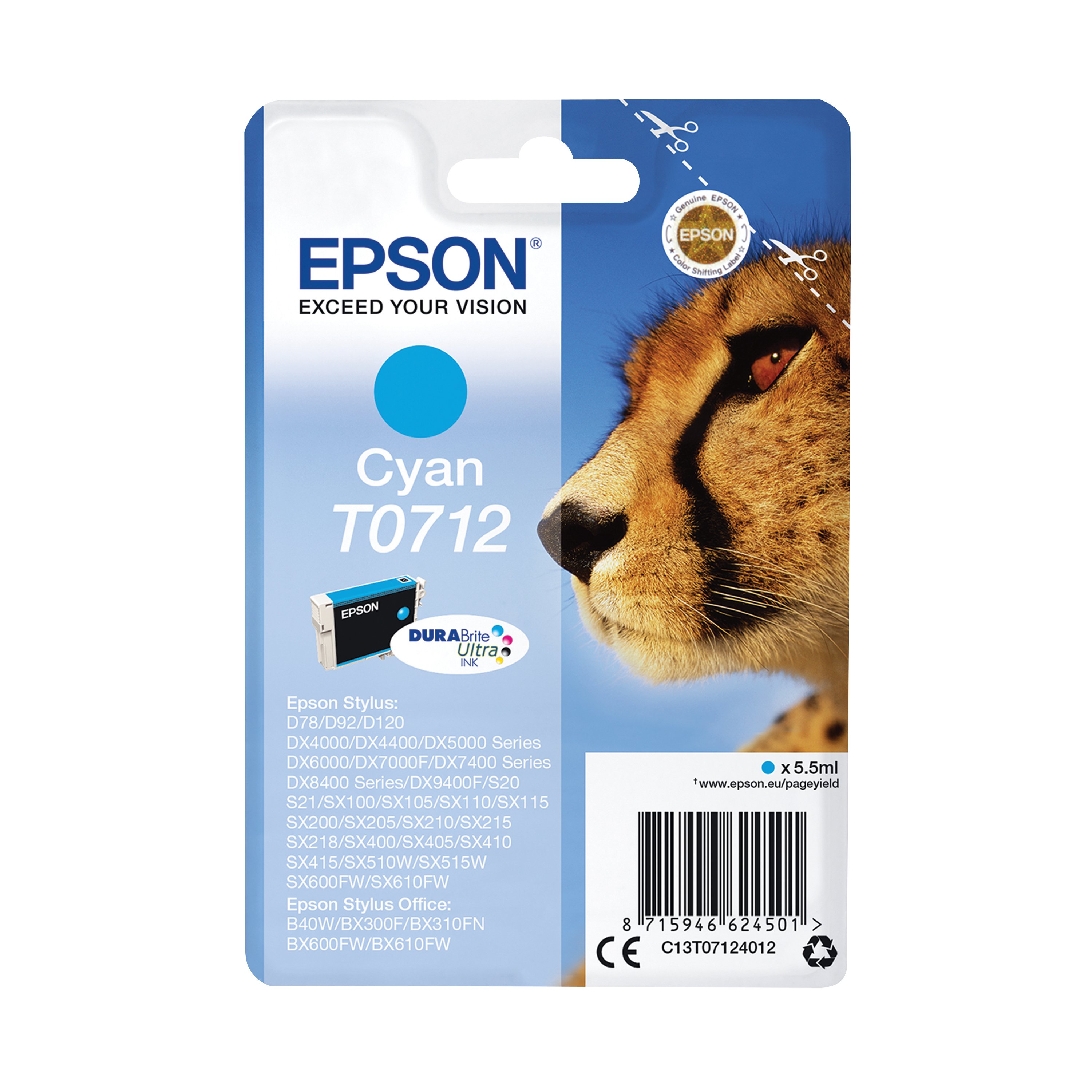 Image of Epson T0712 Cheetah DURABrite Ultra Ink Cartridge Cyan C13T07124012