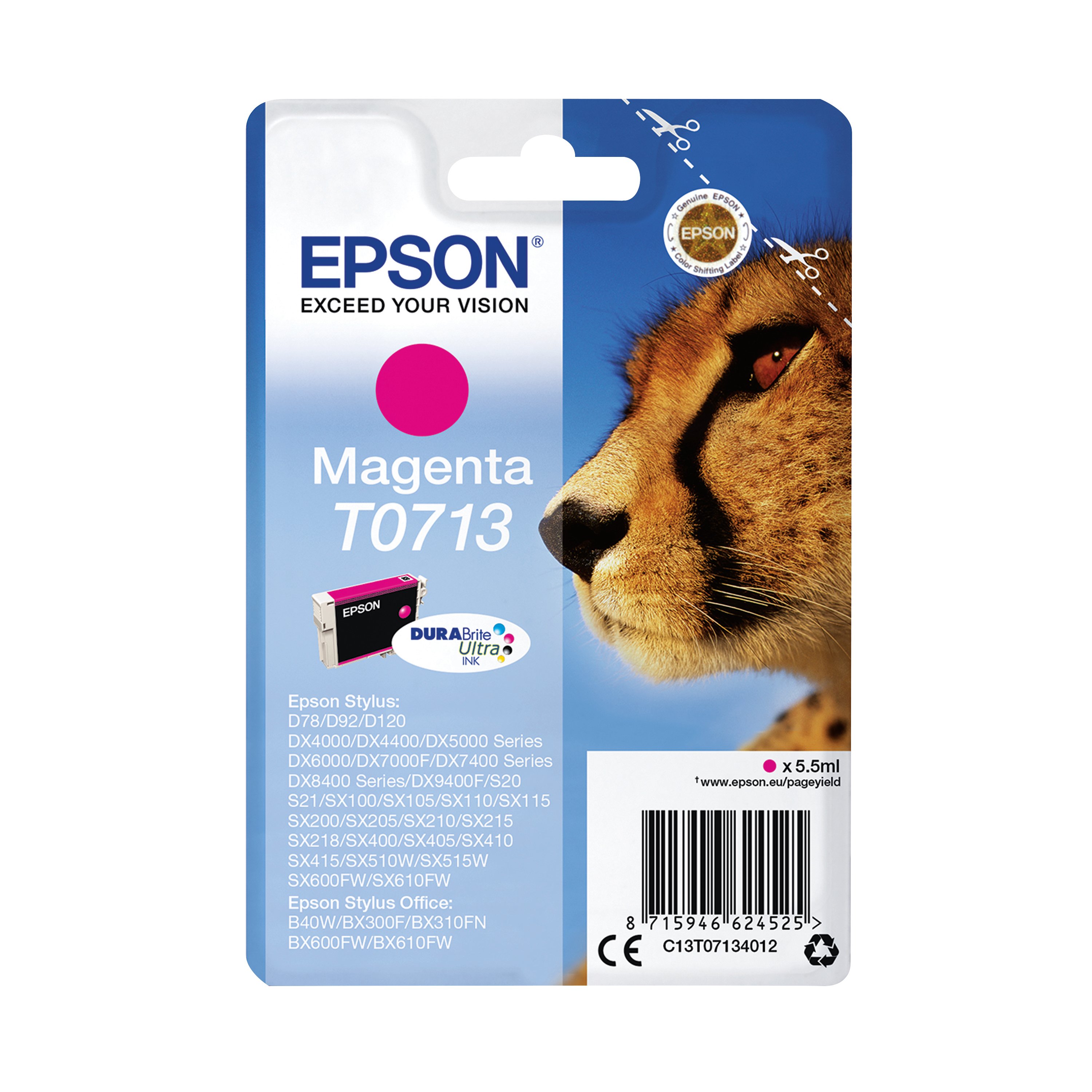 Image of Epson T0713 Cheetah DURABrite Ultra Ink Cartridge Magenta C13T07134012