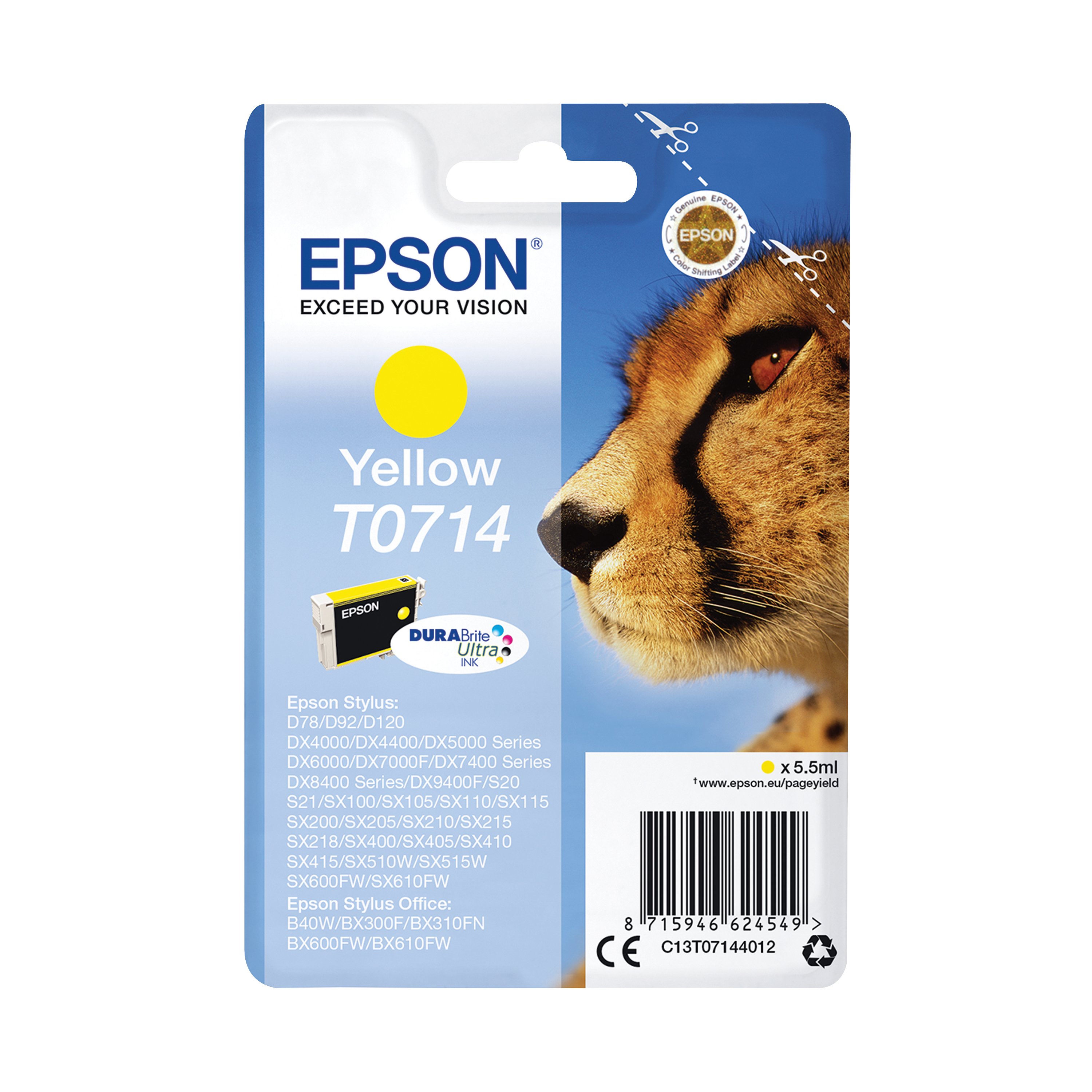 Image of Epson T0714 Cheetah DURABrite Ultra Ink Cartridge Yellow C13T07144012