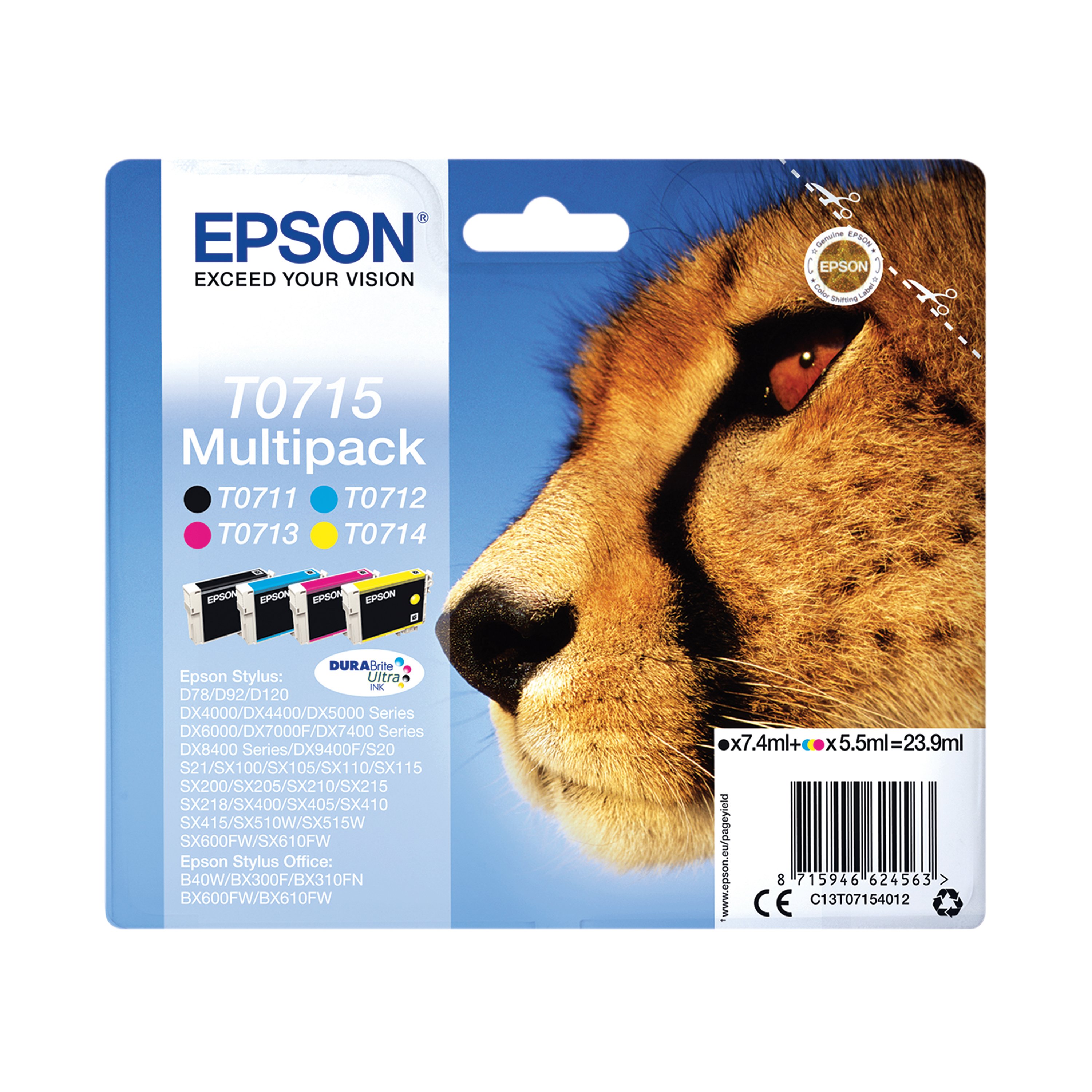 Image of Epson T0715 Cheetah DURABrite Ultra Ink Cartridge CMYK Multipack C13T07154012