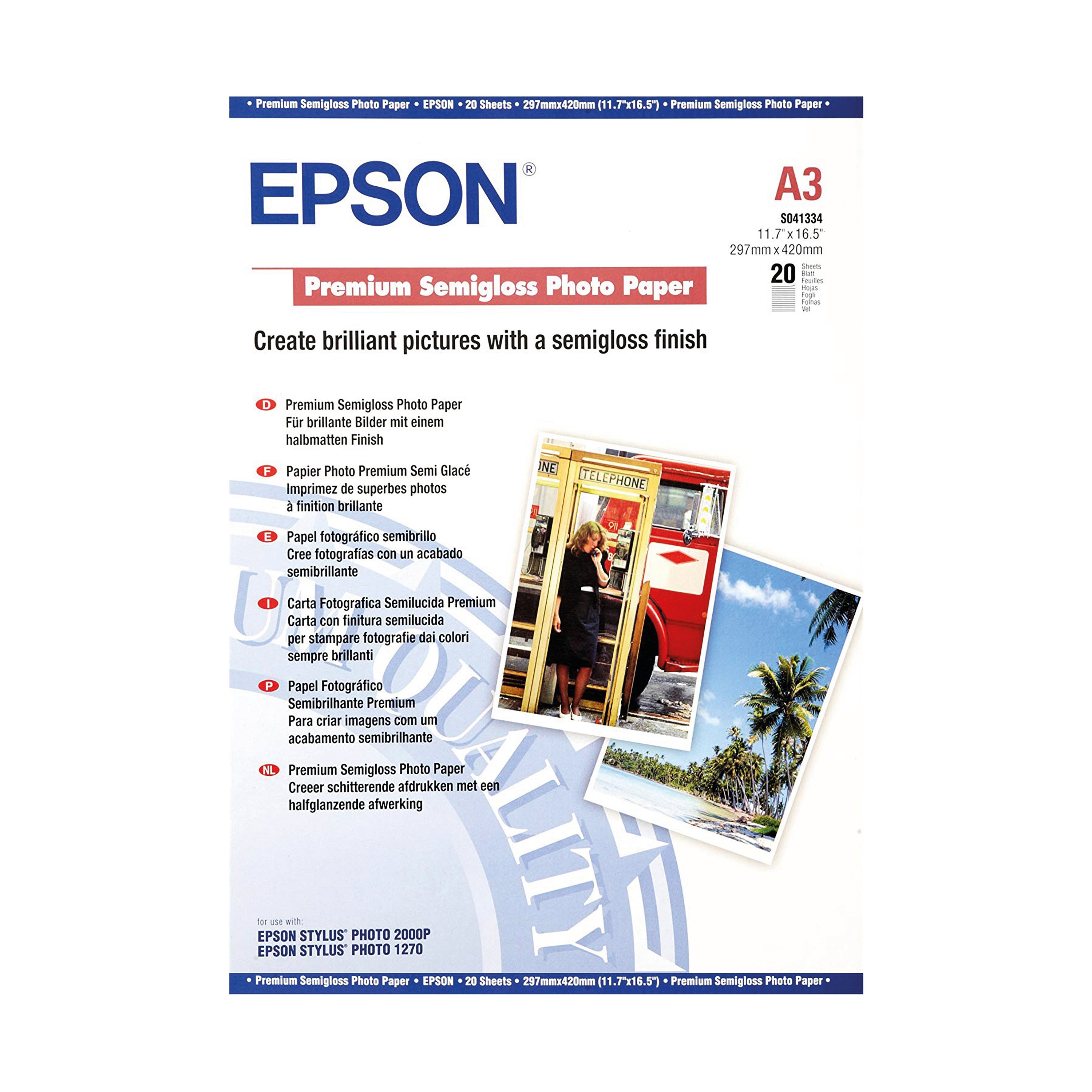 Image of Epson Premium Semi-Gloss Photo Paper A3 250gsm (Pack of 20) C13S041334