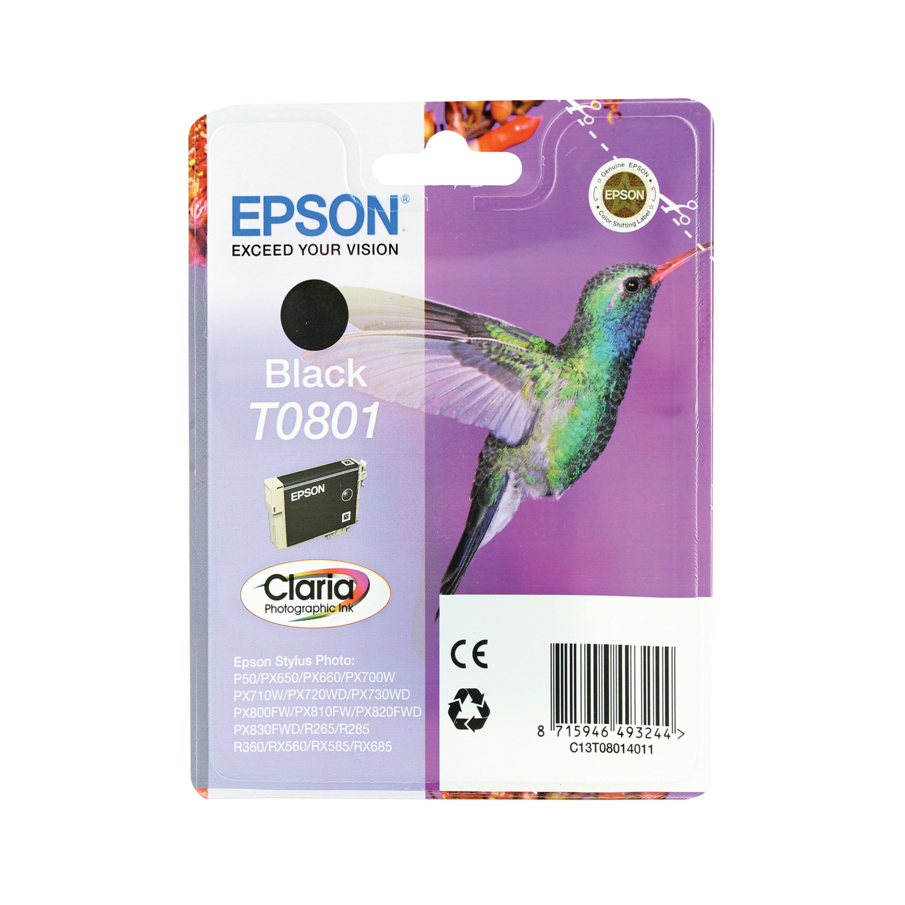 Image of Epson T0801 Hummingbird Photographic Ink Cartridge Black C13T08014011