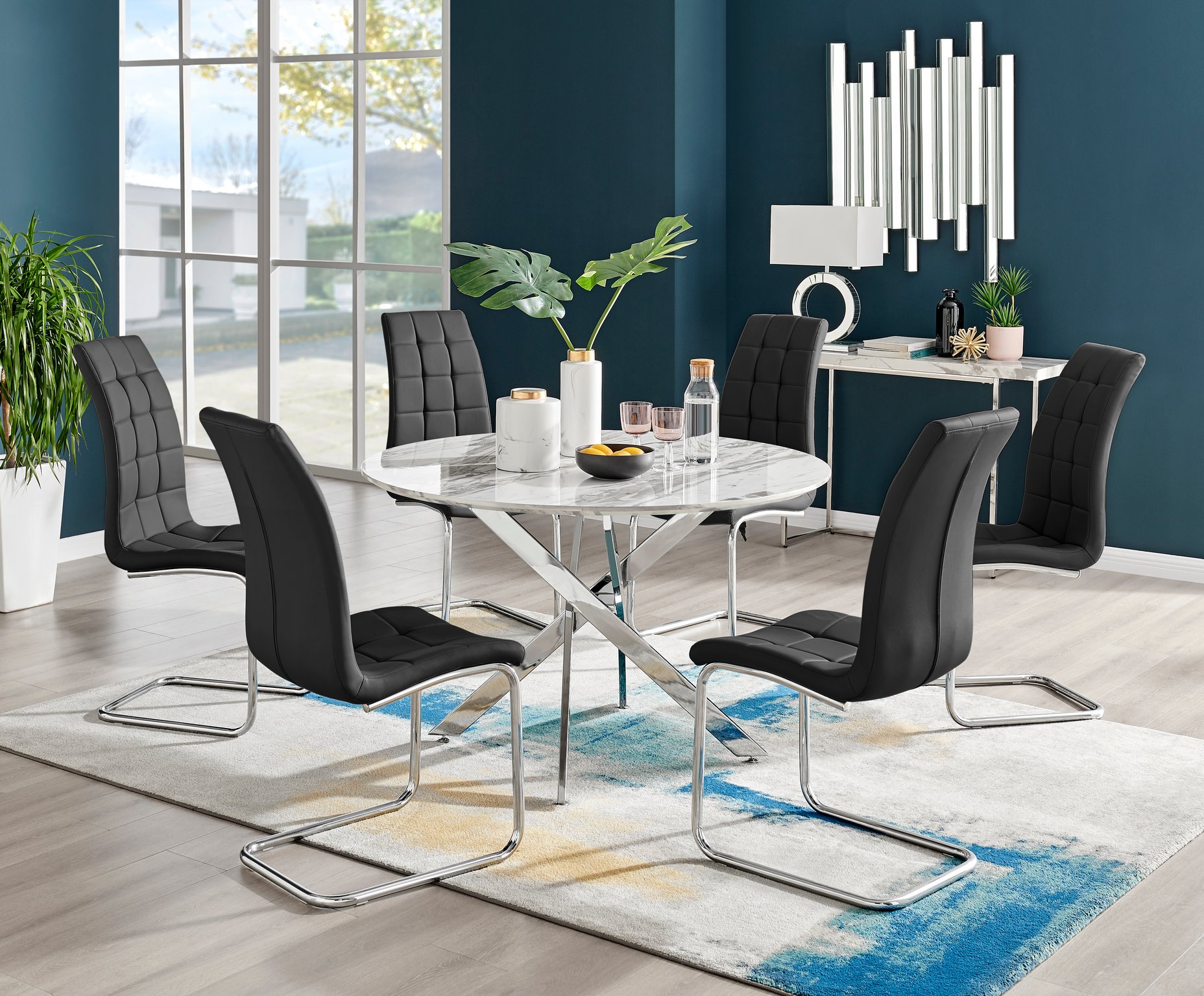 Novara White Marble Round Dining Table 120cm and 6 Murano Chairs Furniture Set