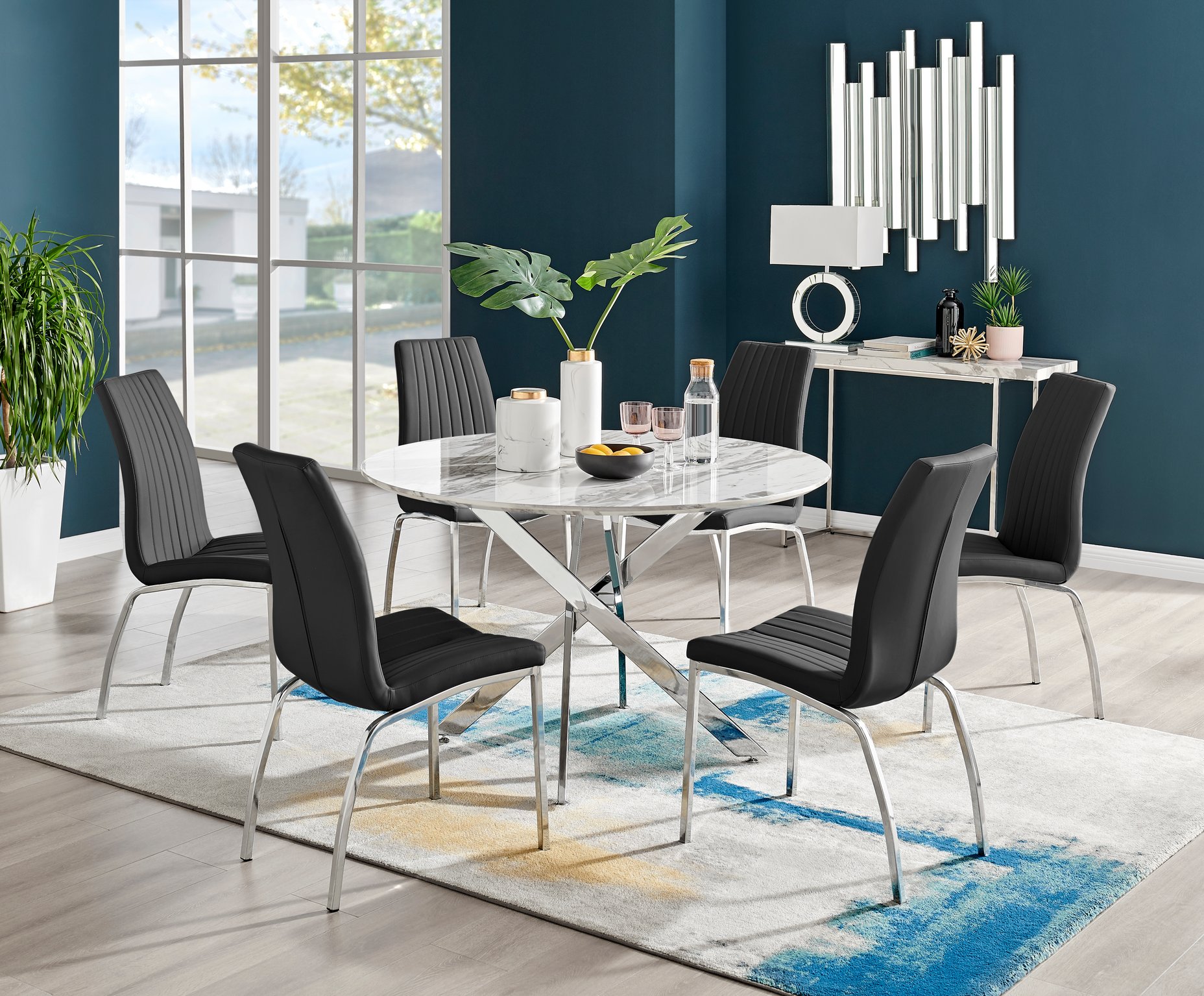 Novara White Marble Round Dining Table 120cm and 6 Isco Chairs Furniture Set