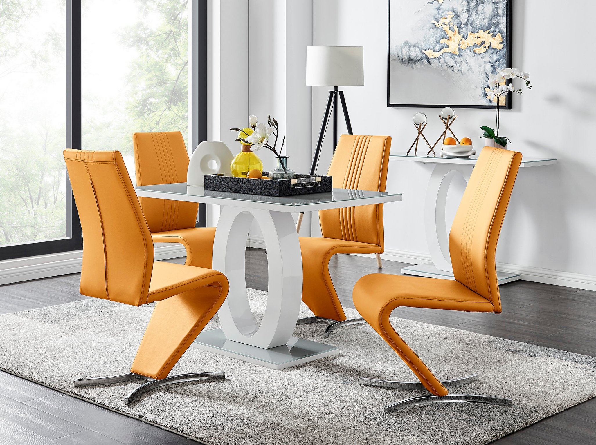 GIOVANI White High Gloss Grey Glass Dining Table & 4 Faux Leather Willow Chairs - Picture 37 of 59