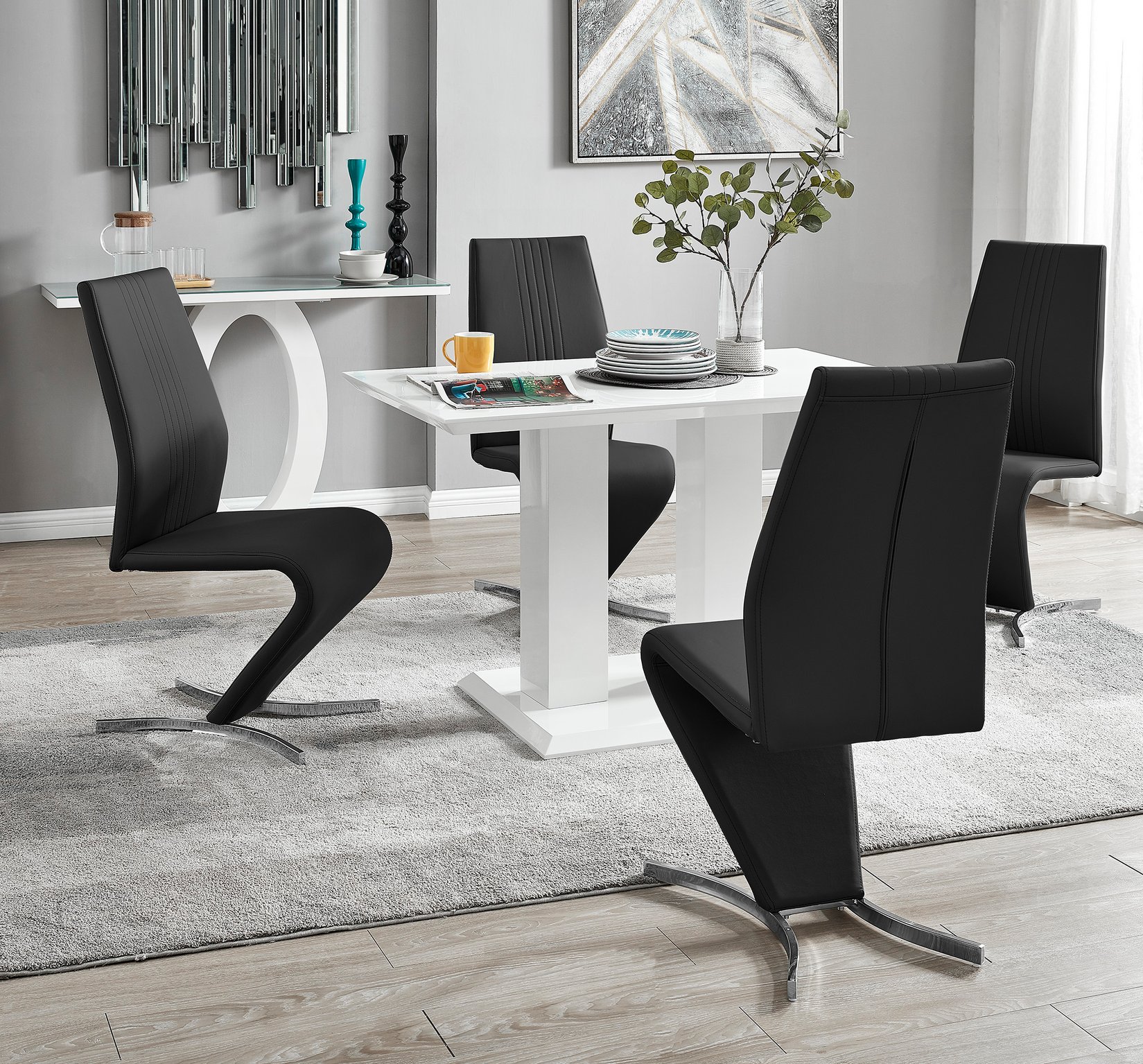 IMPERIA White High Gloss Dining Table & 4 Faux Leather Chrome Willow Chairs - Picture 14 of 43