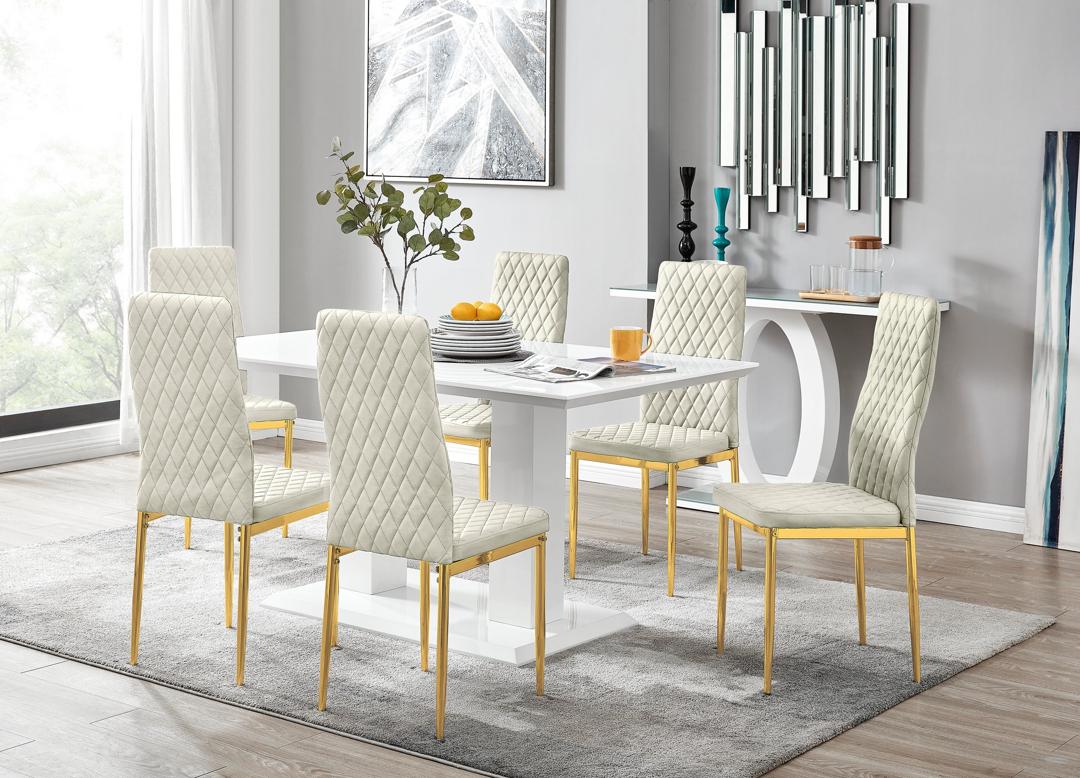 Imperia 6 White Dining Table and 6 Velvet Milan Gold Leg Chairs