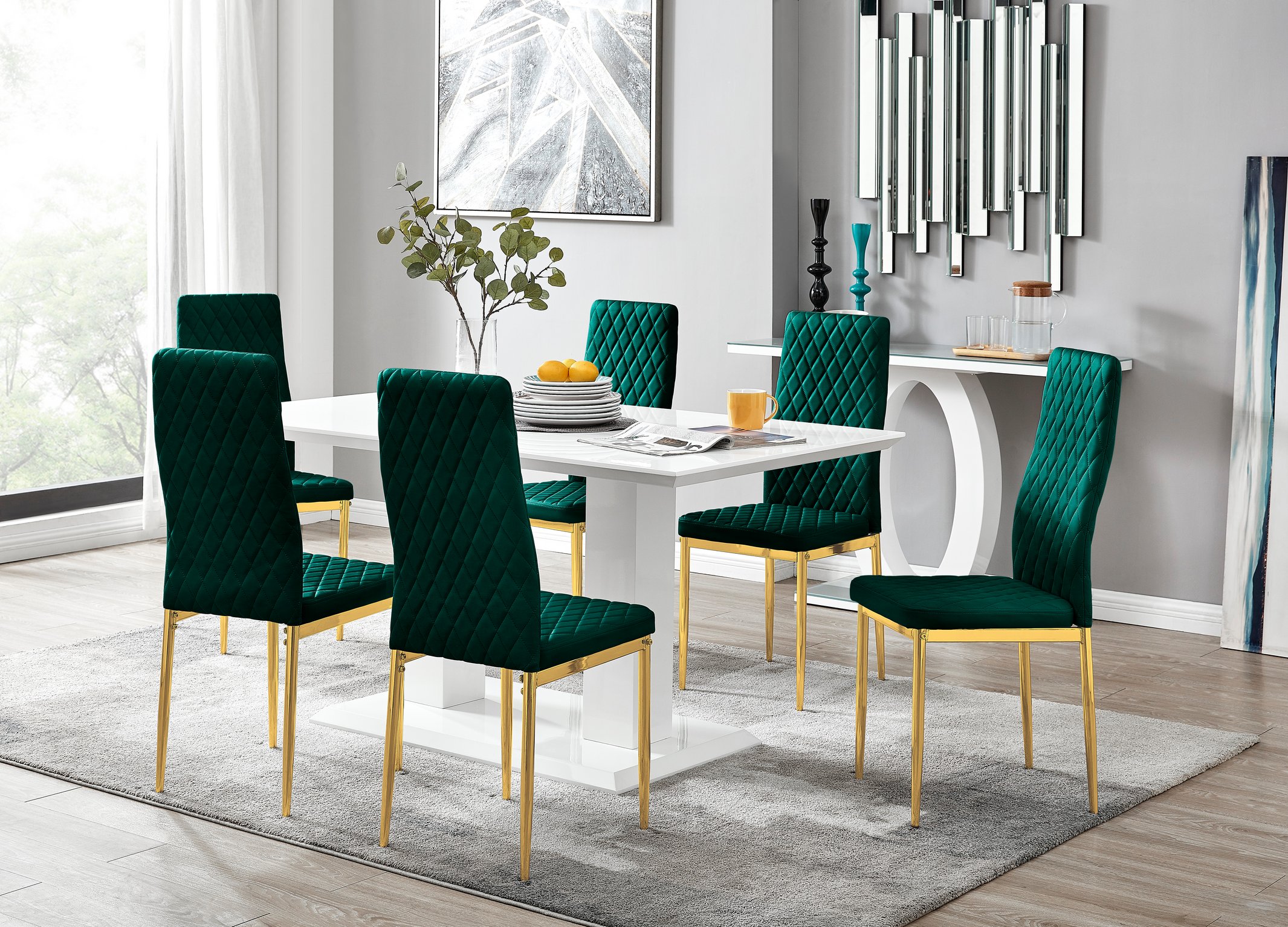 Imperia 6 White Dining Table and 6 Velvet Milan Gold Leg Chairs