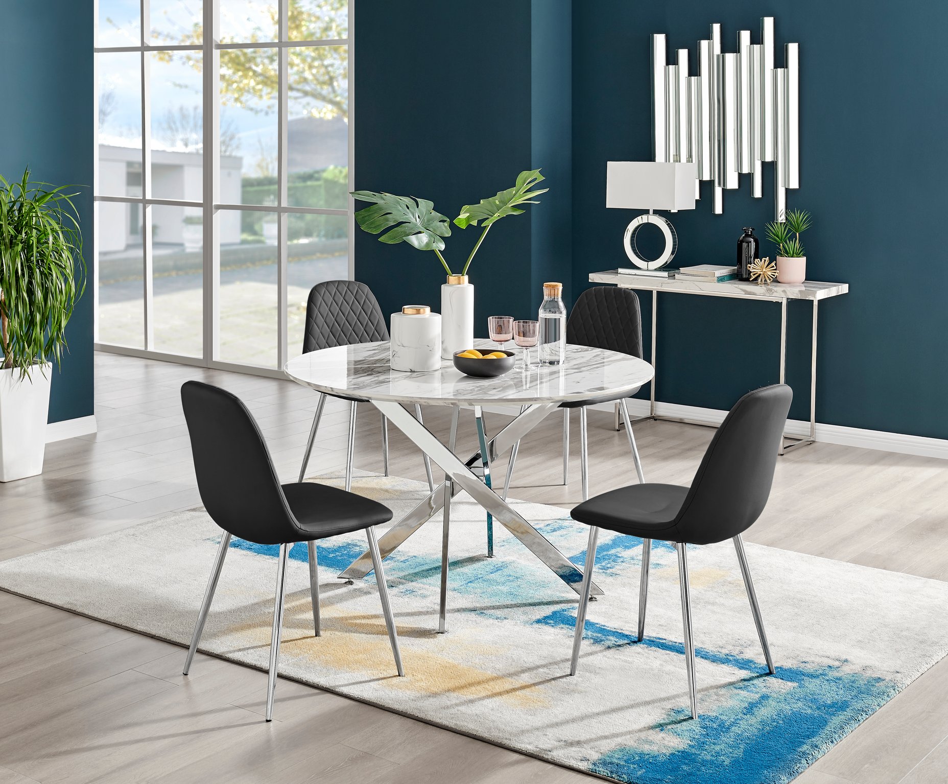 Novara White Marble Round Dining Table 120cm and 4 Corona Chairs Furniture Set