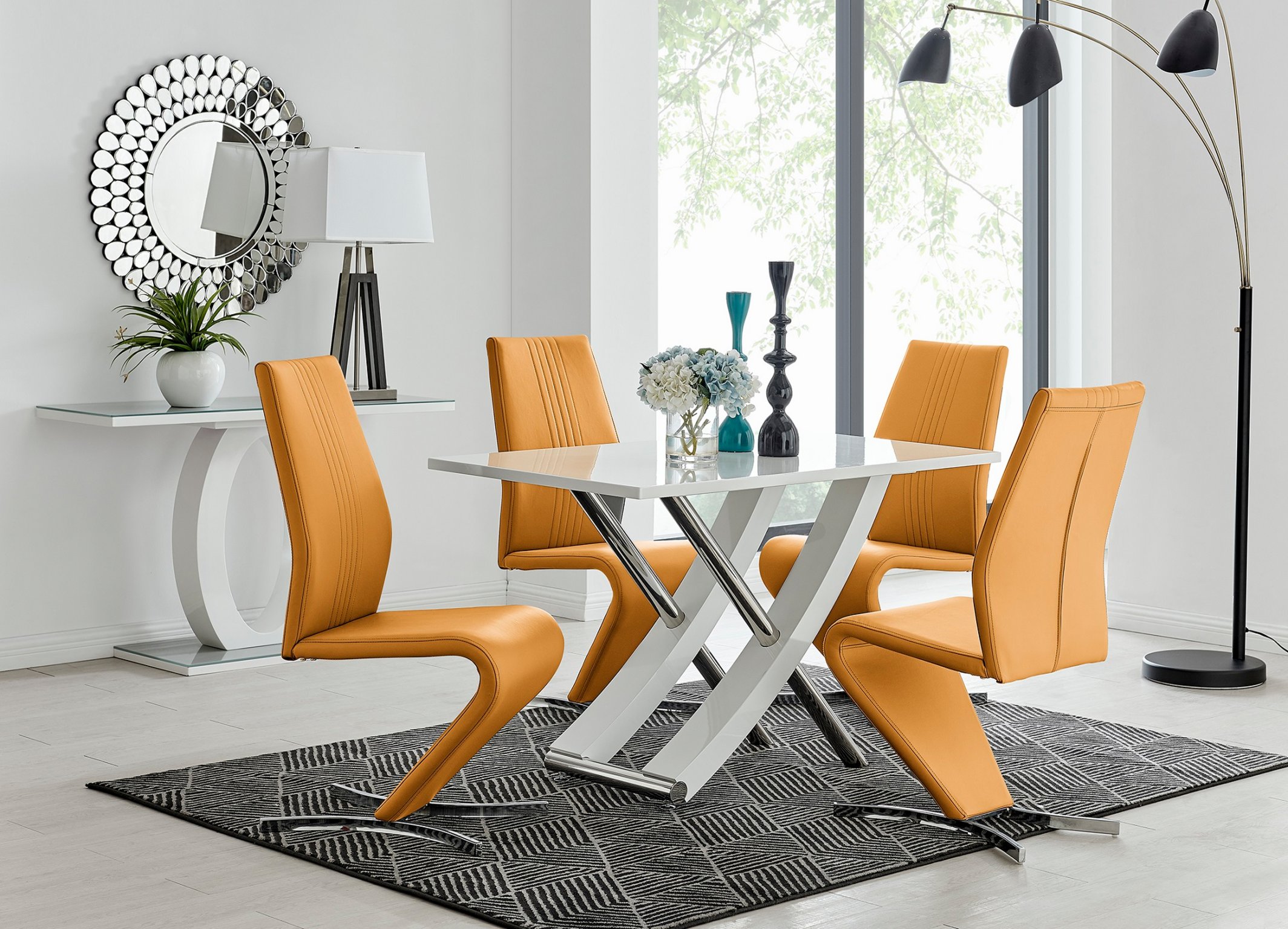 MAYFAIR White High Gloss Chrome Dining Table & 4 Faux Leather Dining Chairs - Picture 227 of 285