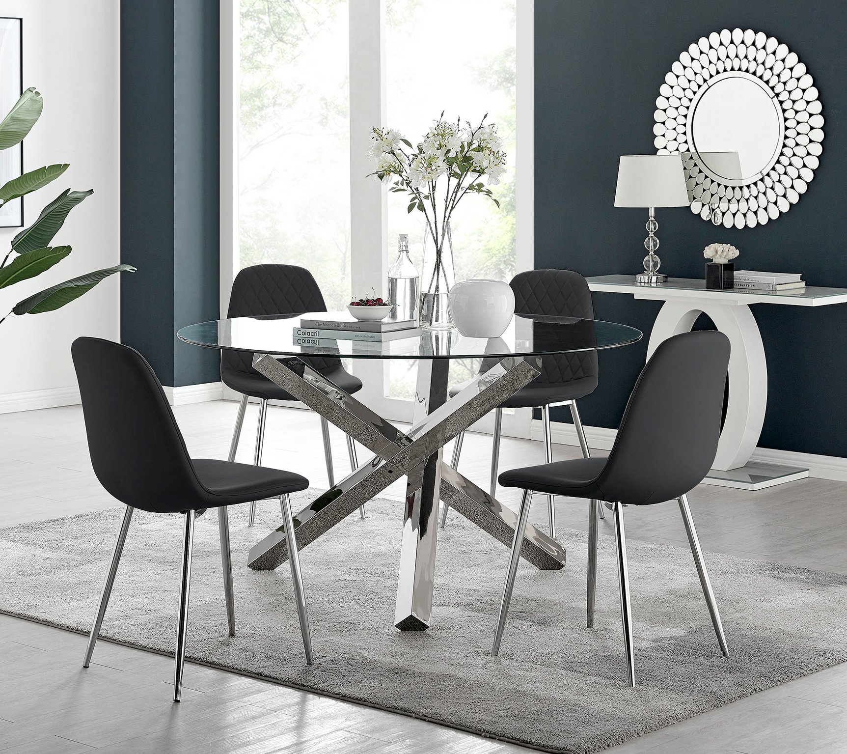 VOGUE Large Round Glass and Chrome Dining Table & 4 Corona Faux Chairs - Picture 35 of 154