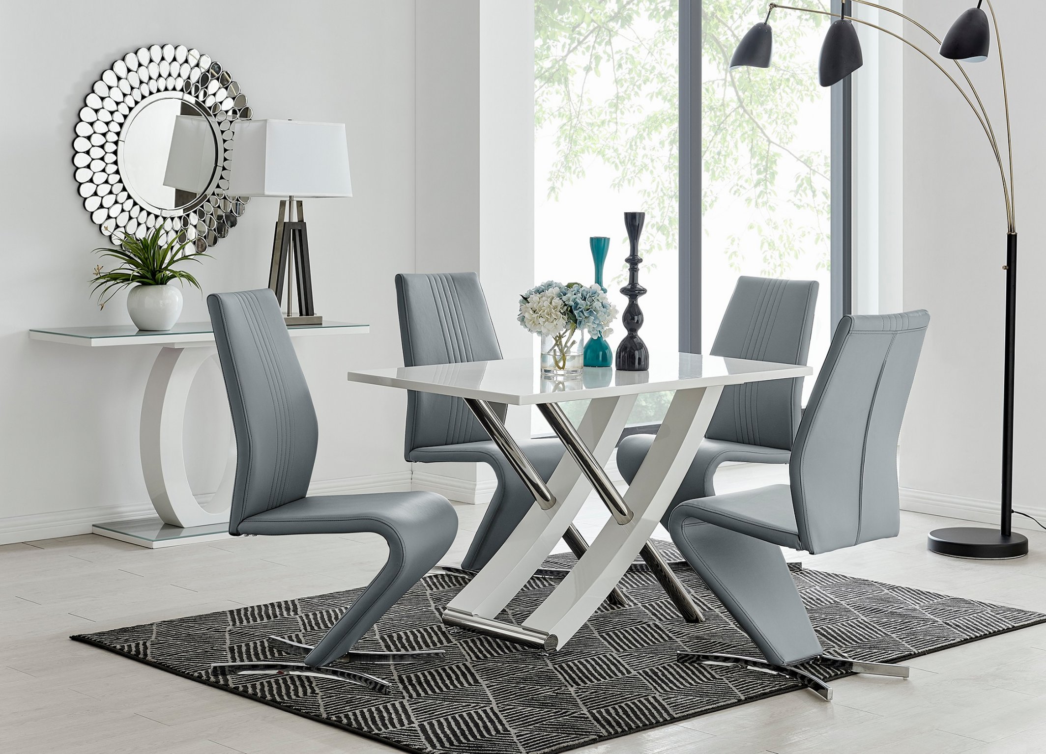 MAYFAIR White High Gloss Chrome Dining Table & 4 Faux Leather Dining Chairs - Picture 179 of 285