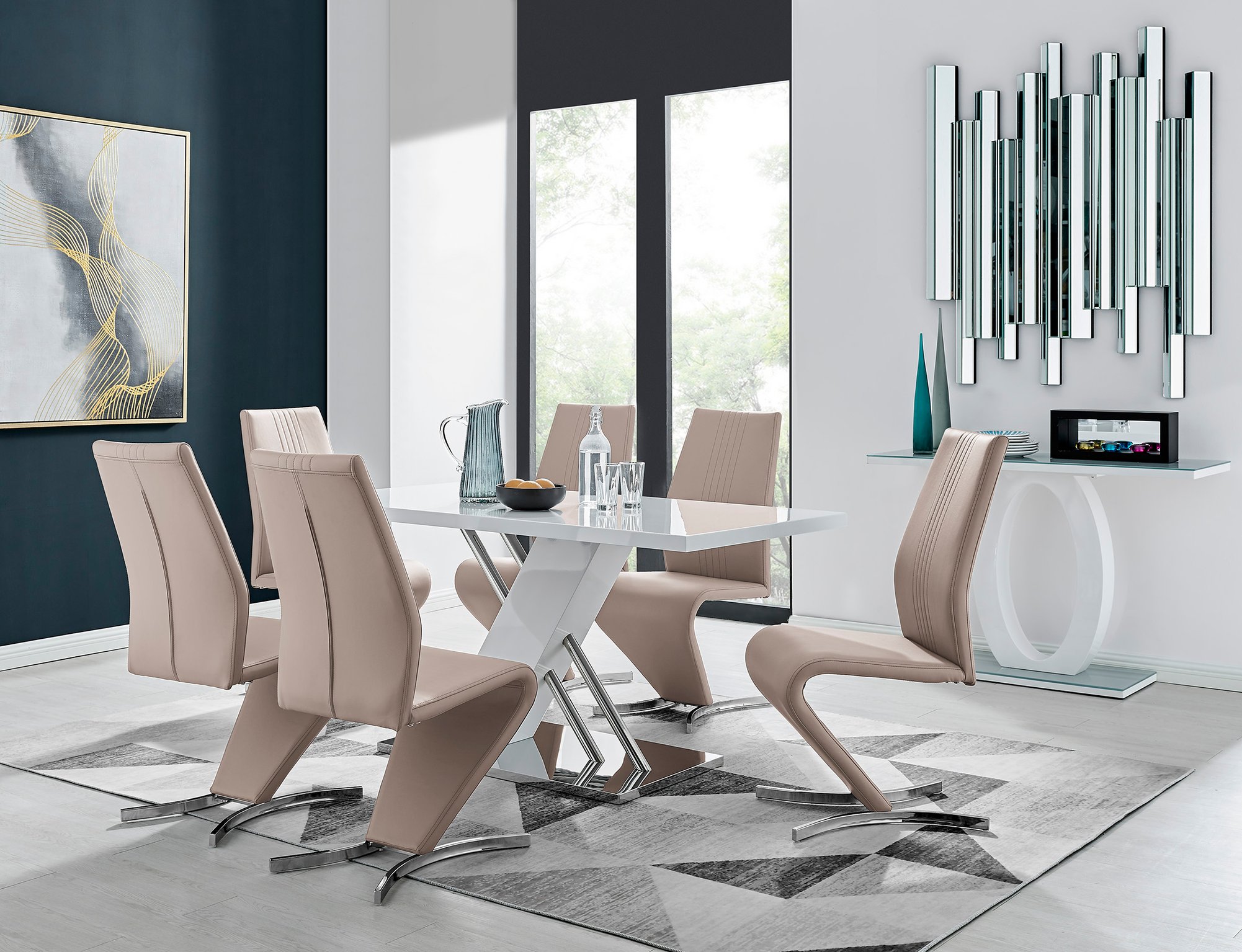 SORRENTO White High Gloss Chrome Dining Table and 6 Faux Leather Willow Chairs - Picture 25 of 59