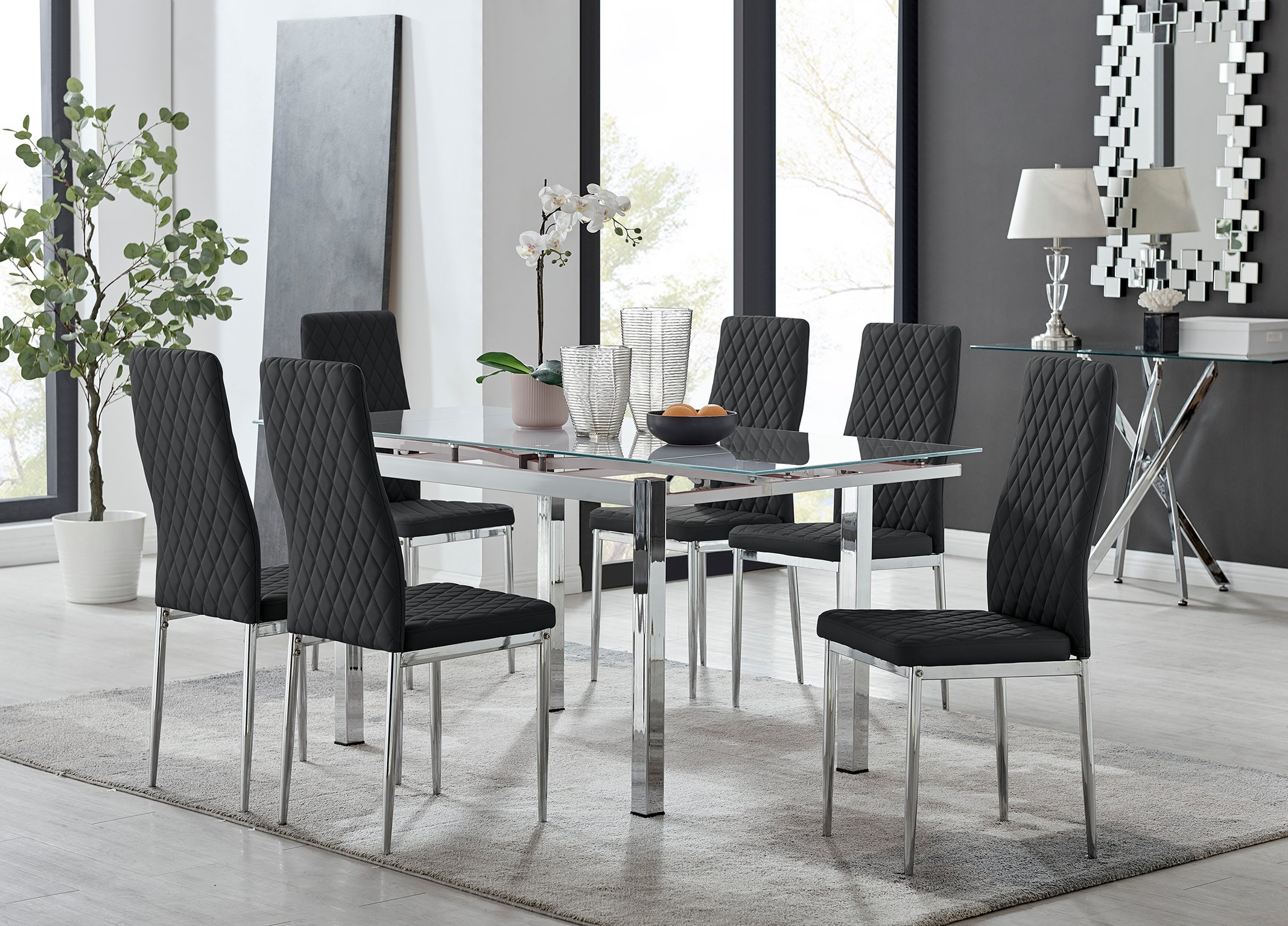 glass kitchen table with white leather chairs