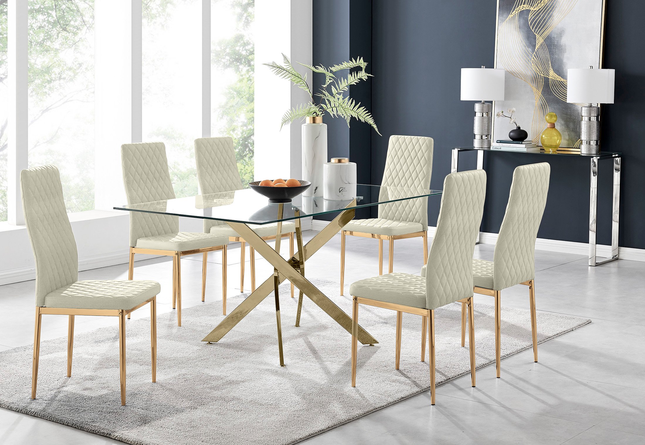 Leonardo 6 Gold Dining Table and 6 Velvet Milan Gold Leg Chairs