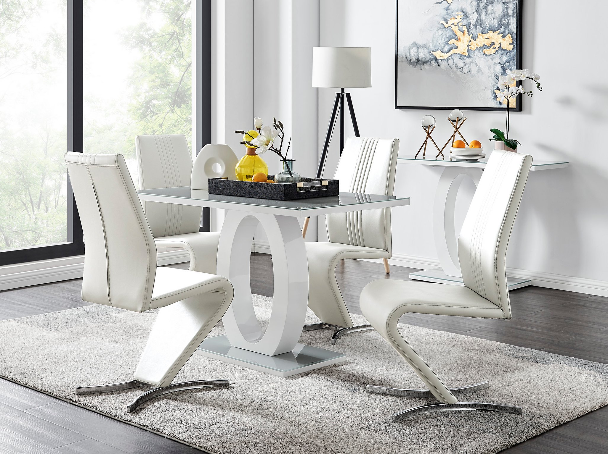 GIOVANI White High Gloss Grey Glass Dining Table & 4 Faux Leather Willow Chairs - Picture 2 of 59