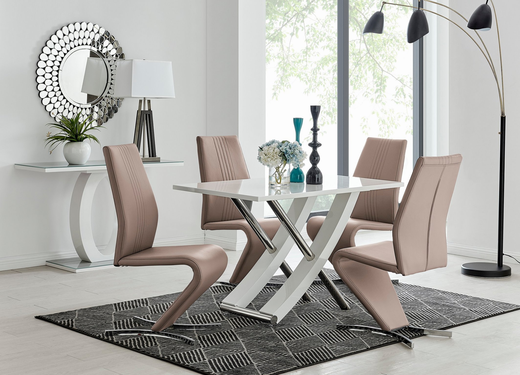 MAYFAIR White High Gloss Chrome Dining Table & 4 Faux Leather Dining Chairs - Picture 119 of 285